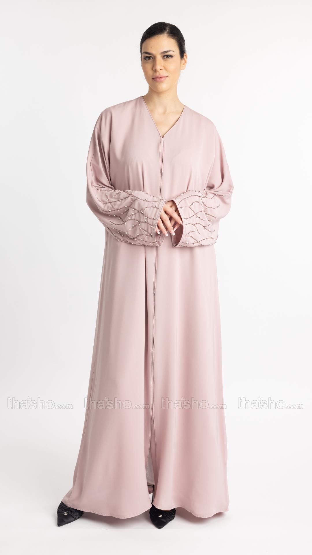 Blush Pink Classic Front Open Abaya with Handwork on the Sleeves 