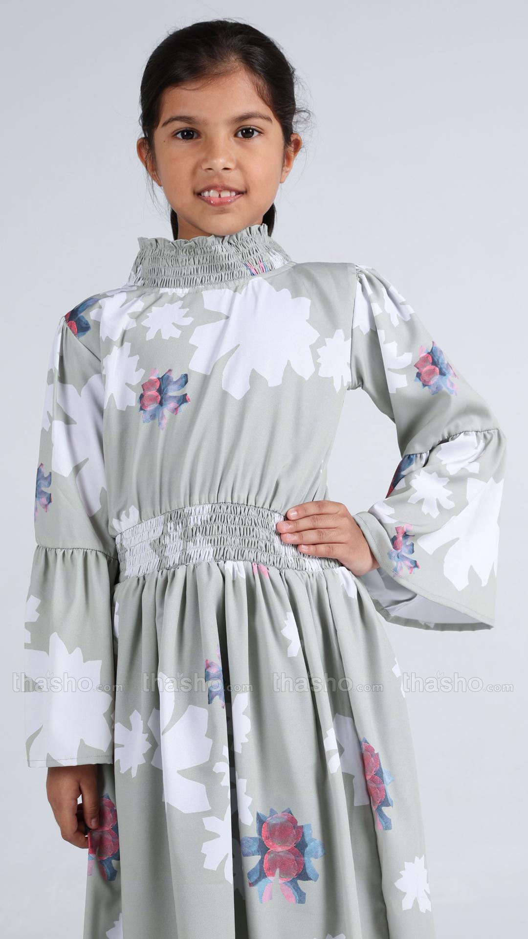 Mint Green Kids Modest Dress with a Floral Print 