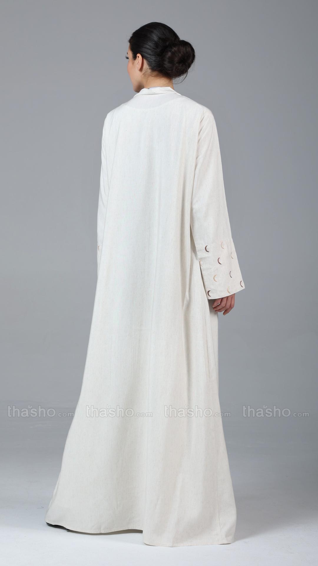 Off White Elegant Moon Embroidery Linen Abaya