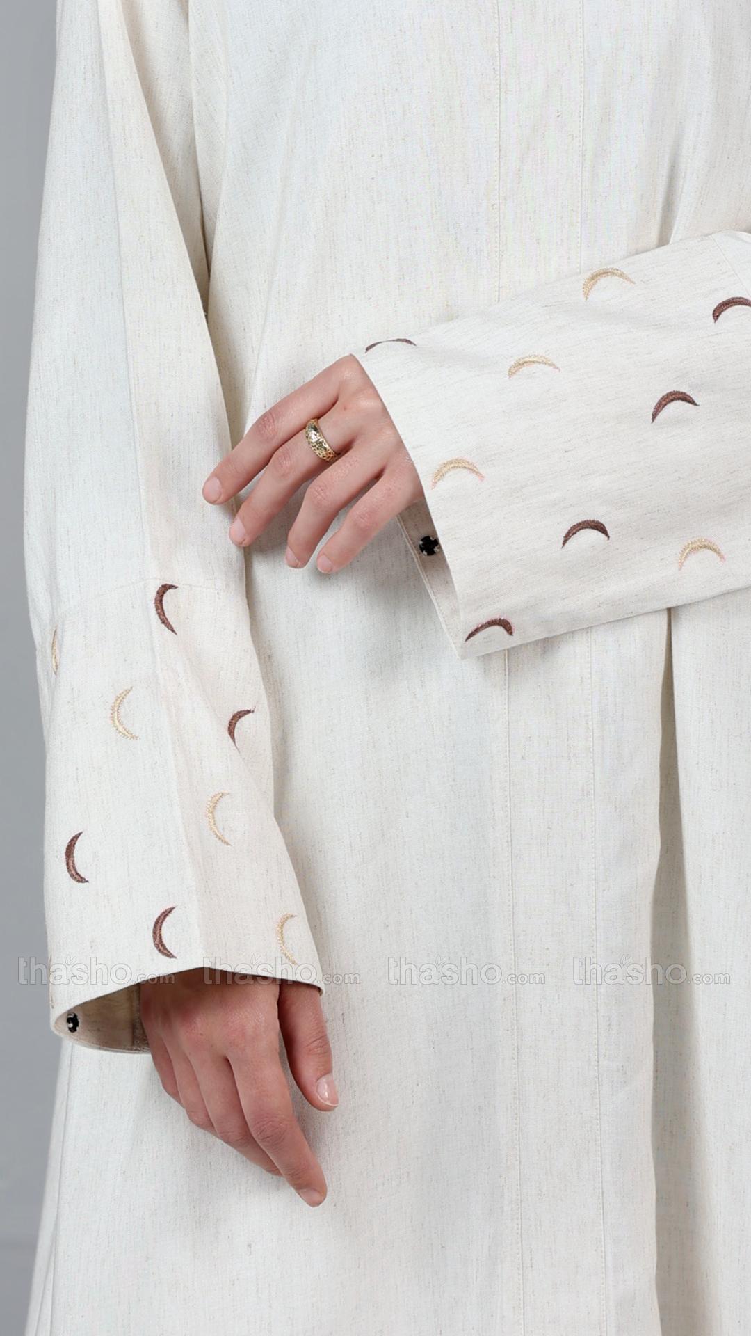 Off White Elegant Moon Embroidery Linen Abaya