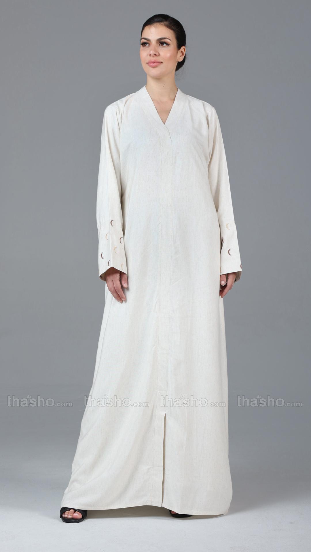 Off White Elegant Moon Embroidery Linen Abaya