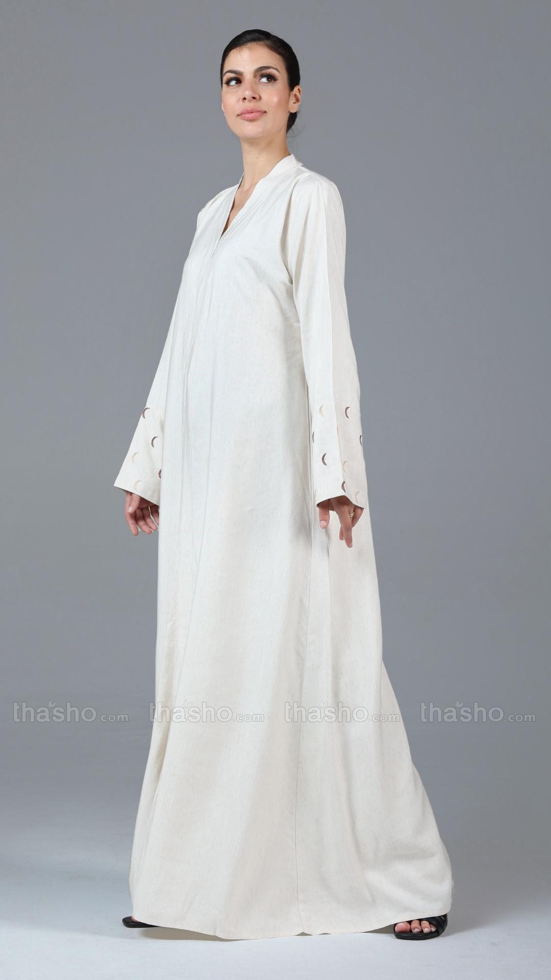 Off White Elegant Moon Embroidery Linen Abaya