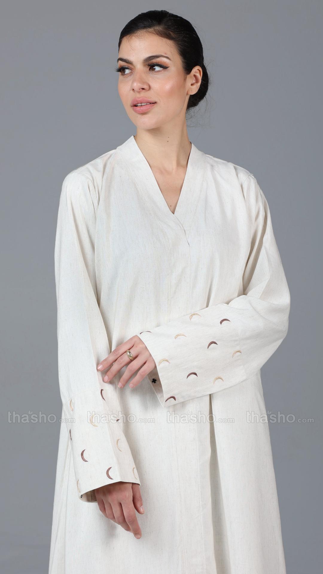Off White Elegant Moon Embroidery Linen Abaya
