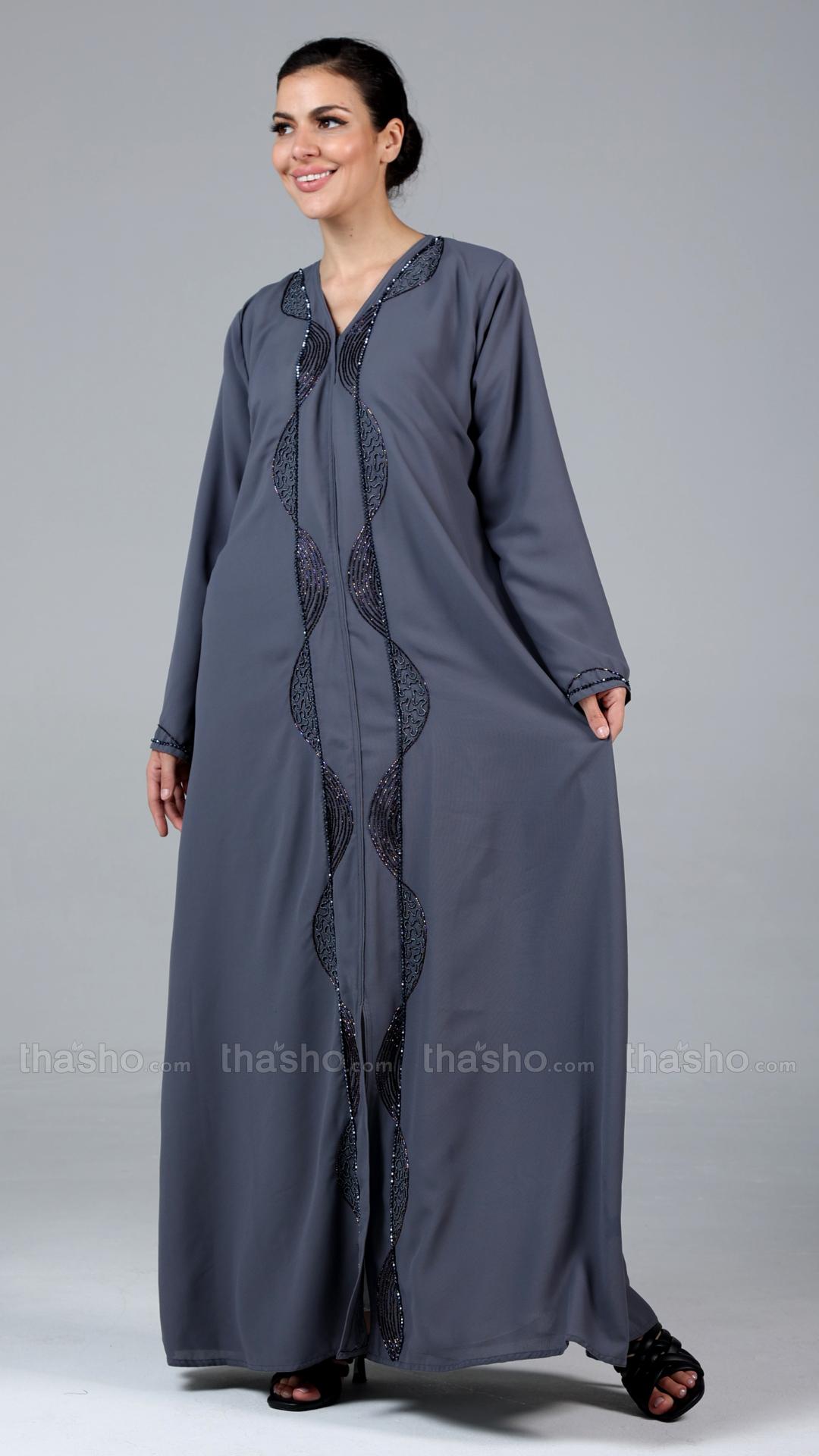 Ash Stylish Abaya with Elegant Handwork 