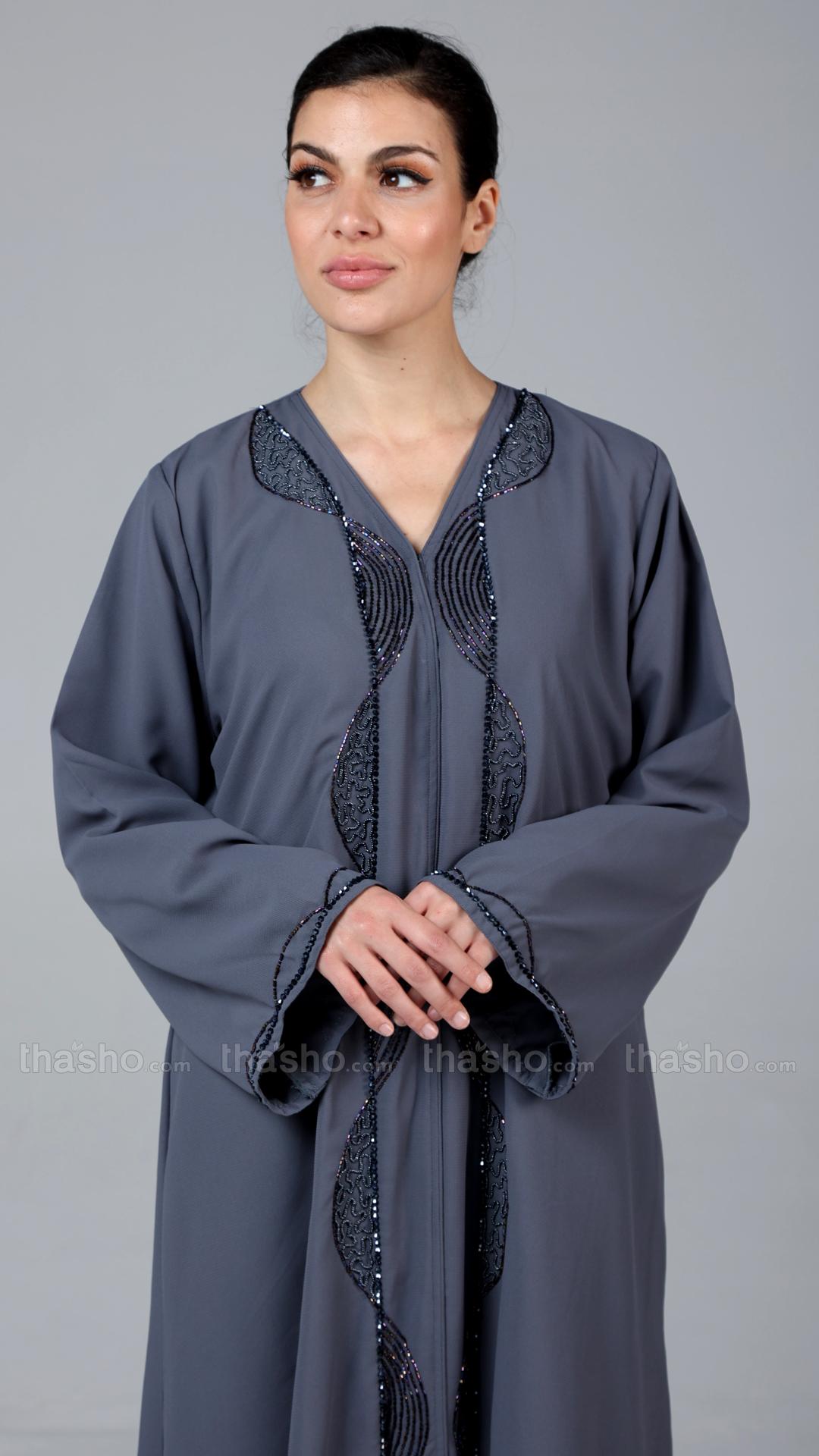 Ash Stylish Abaya with Elegant Handwork 