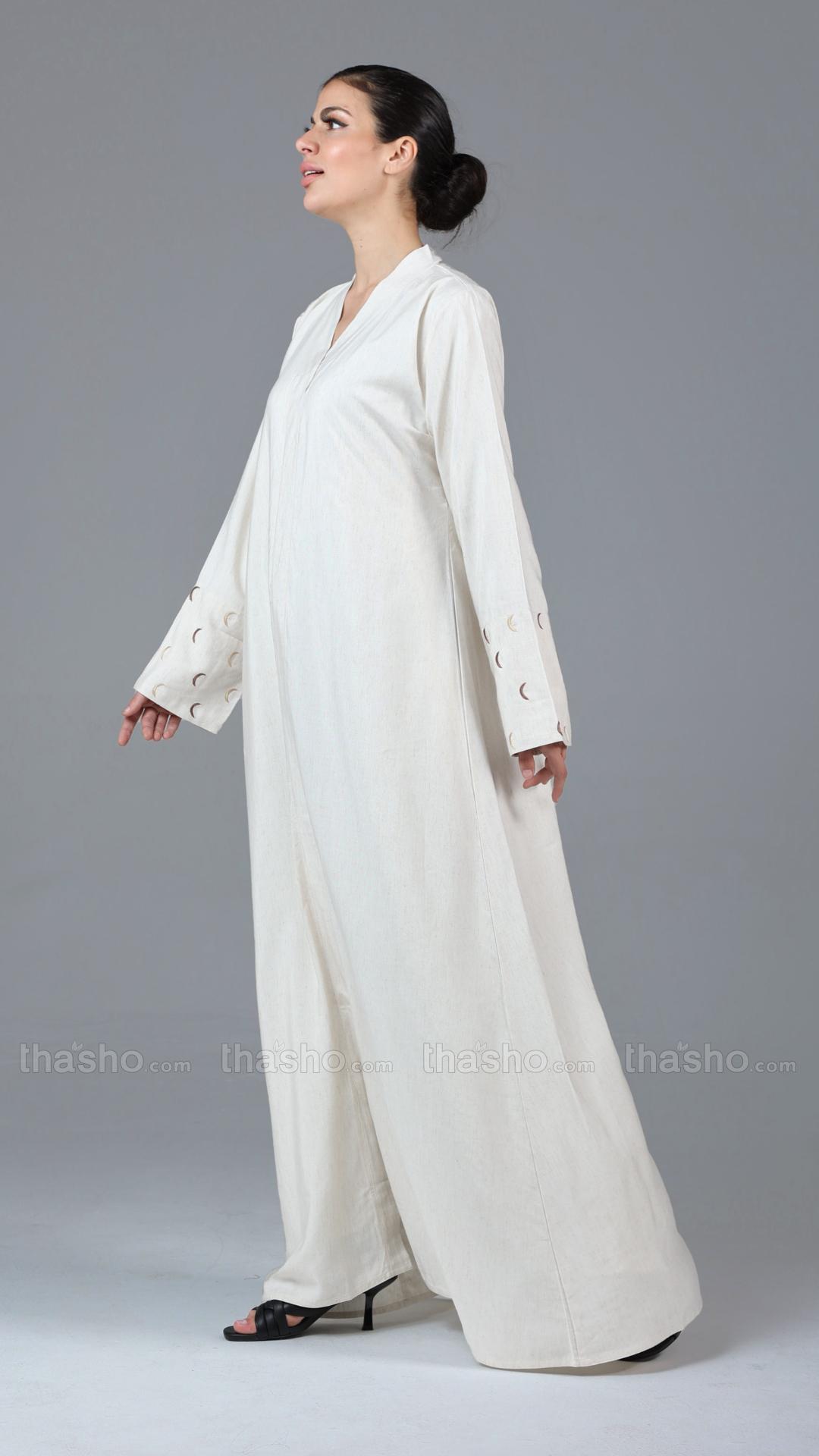 Off White Elegant Moon Embroidery Linen Abaya