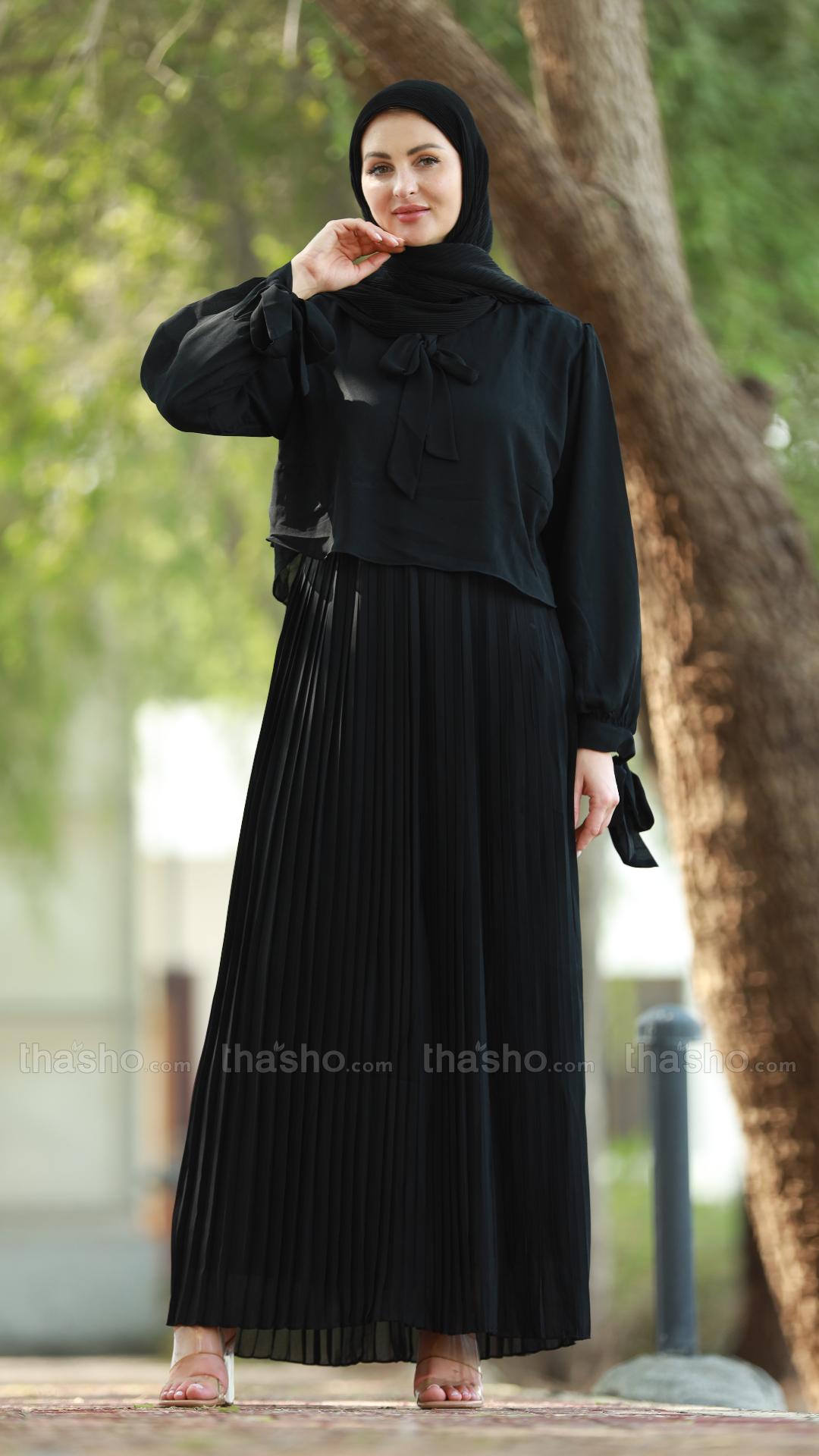 Black Pleated Modest Dress with a TieUp Neck and Sleeves 