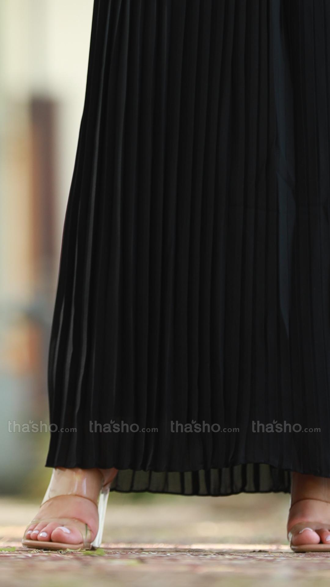 Black Pleated Modest Dress with a TieUp Neck and Sleeves 