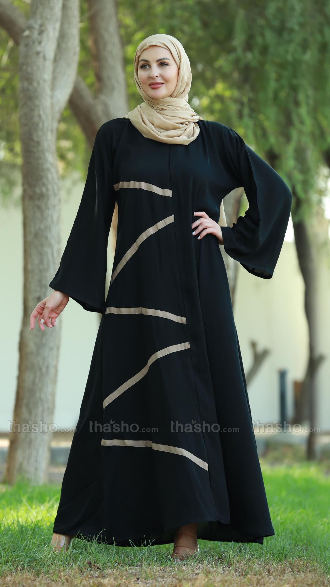 Black Nida Matte Abaya with Beige Band Work