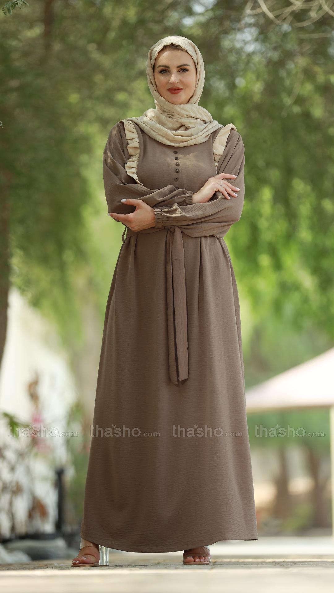 Brown Modest Dress with Frill Work Show Buttons on the Front and a Belt