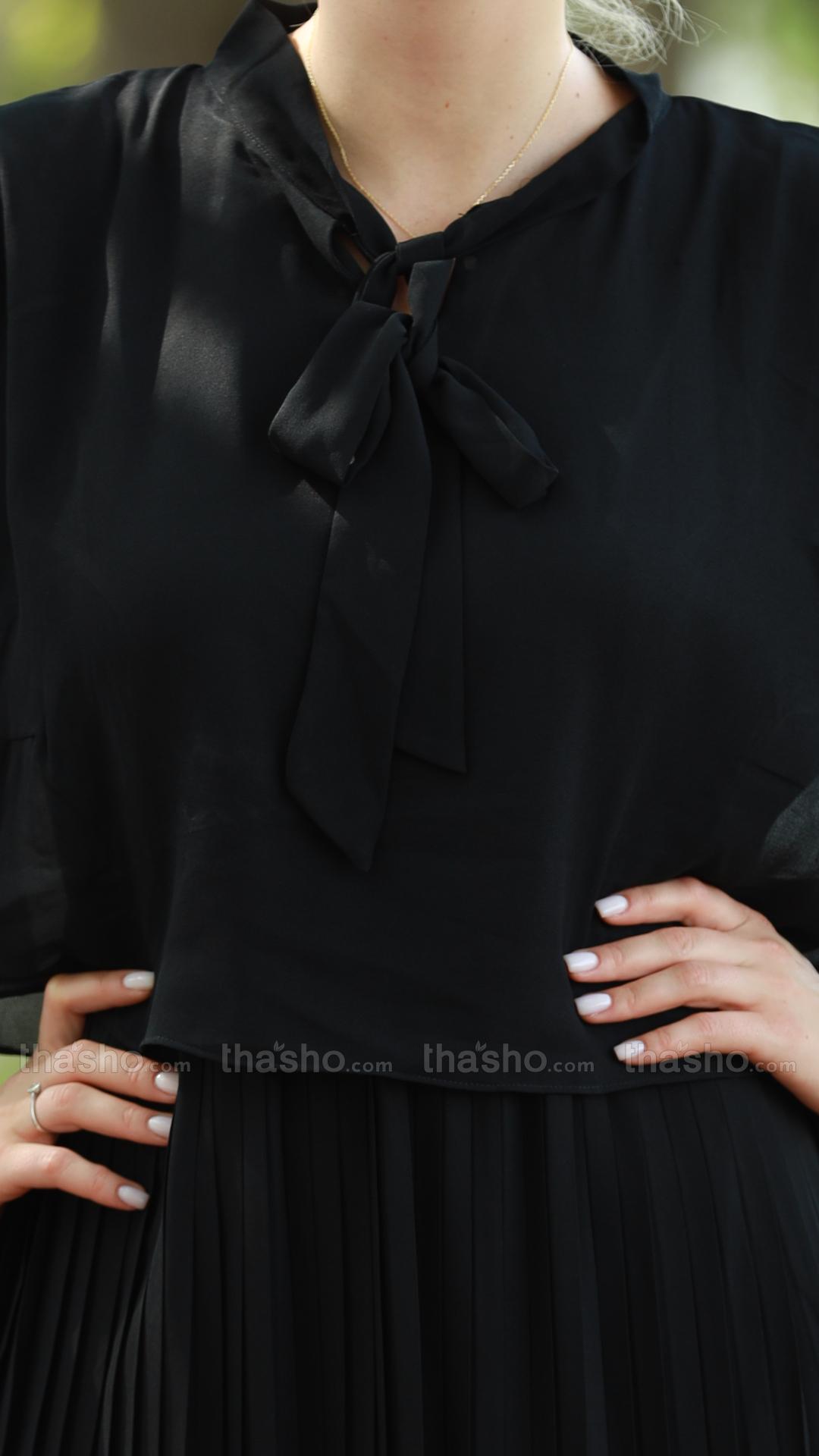 Black Pleated Modest Dress with a TieUp Neck and Sleeves 