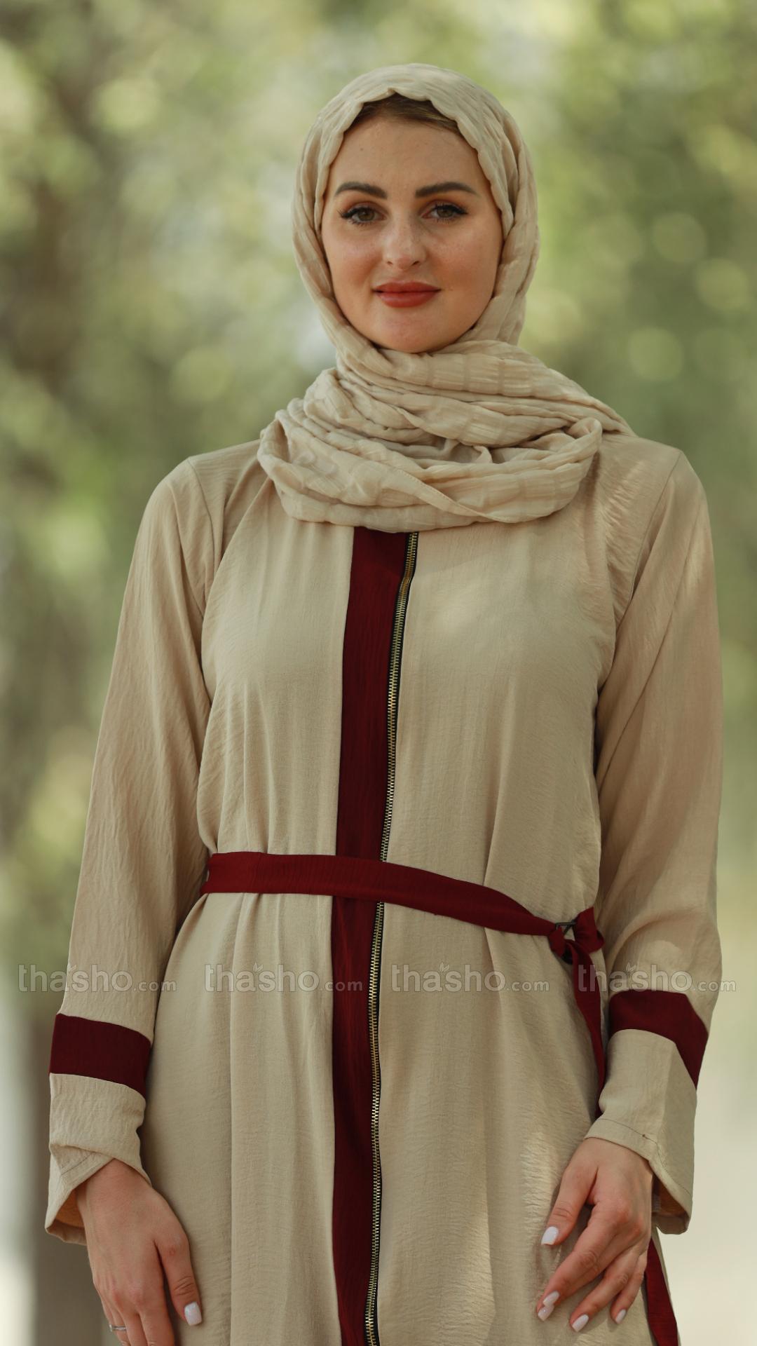 Stylish Cream CEY Modest Dress with Maroon Band Work and a Belt