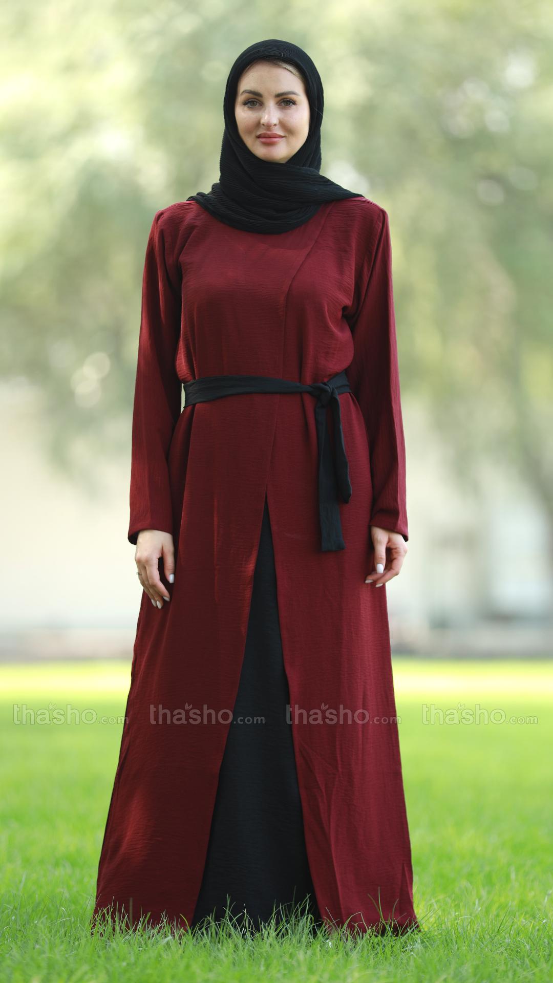 Maroon and Black Modest Dress with an Attached Shrug and a Belt