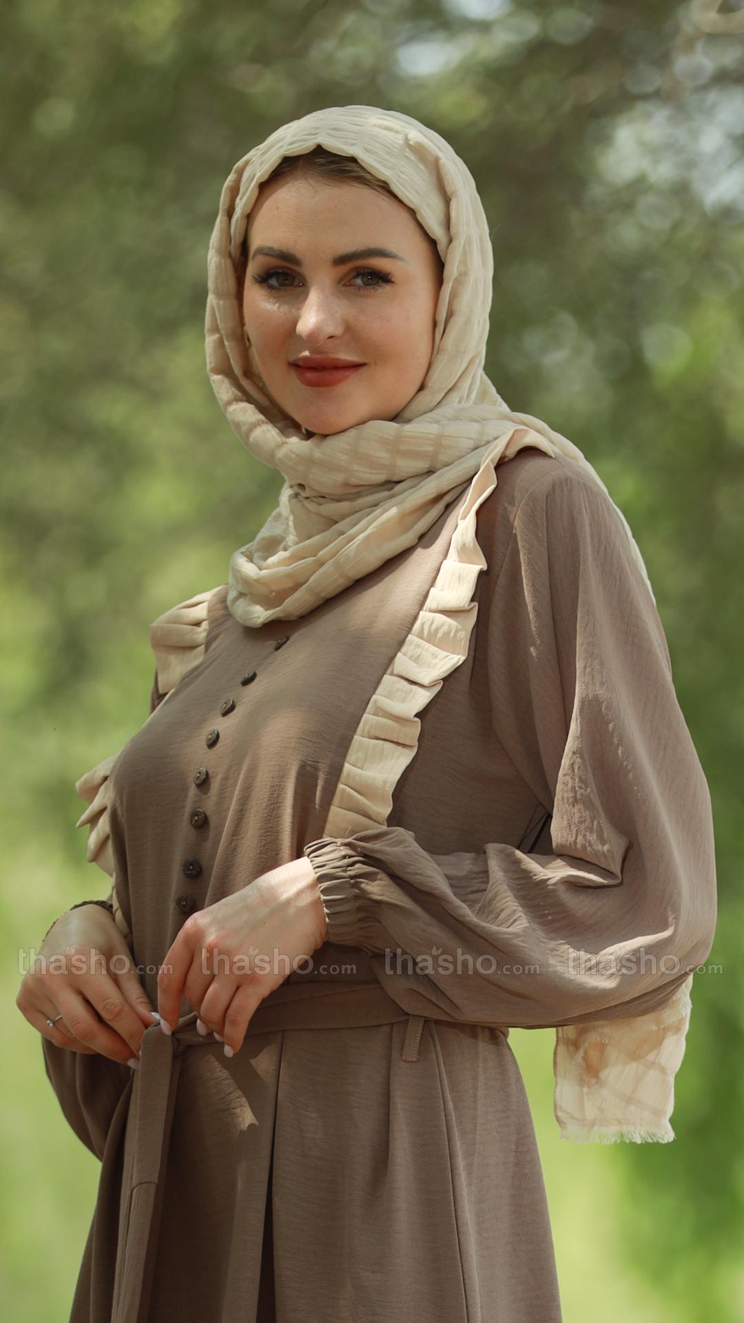Brown Modest Dress with Frill Work Show Buttons on the Front and a Belt
