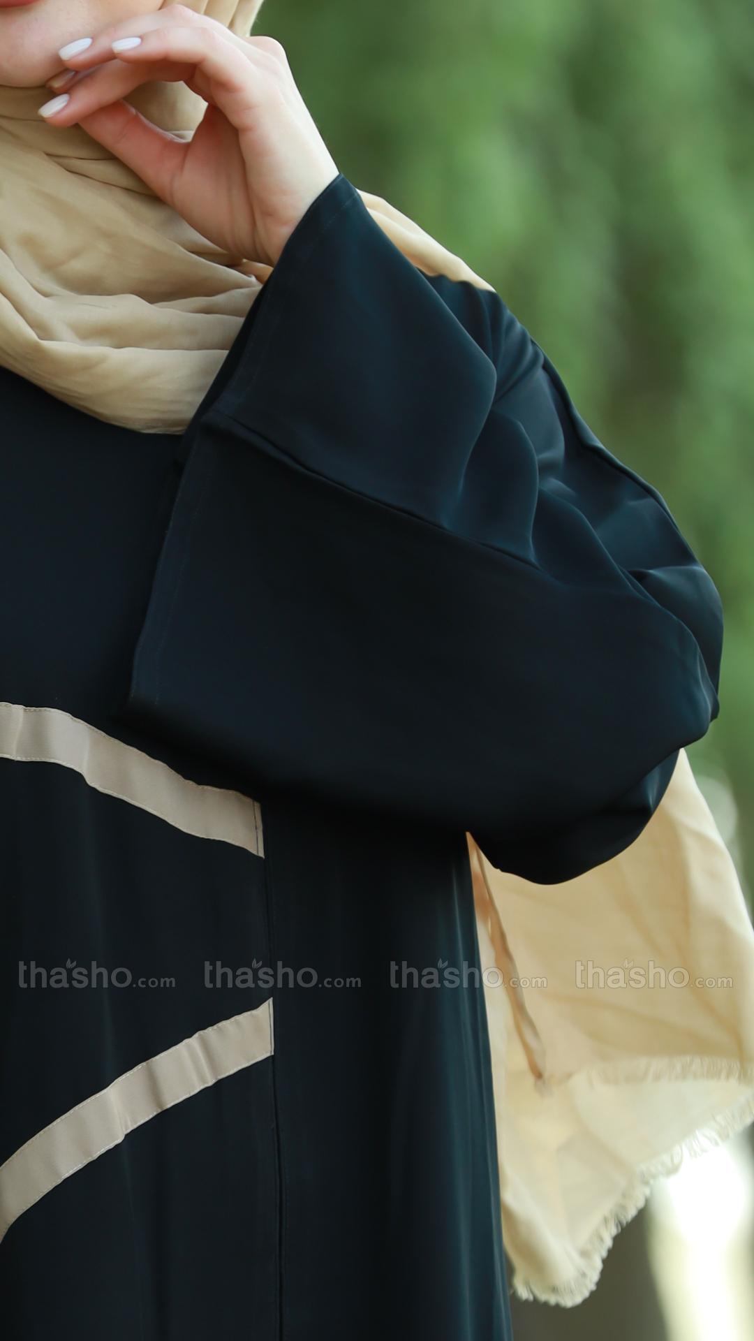 Black Nida Matte Abaya with Beige Band Work