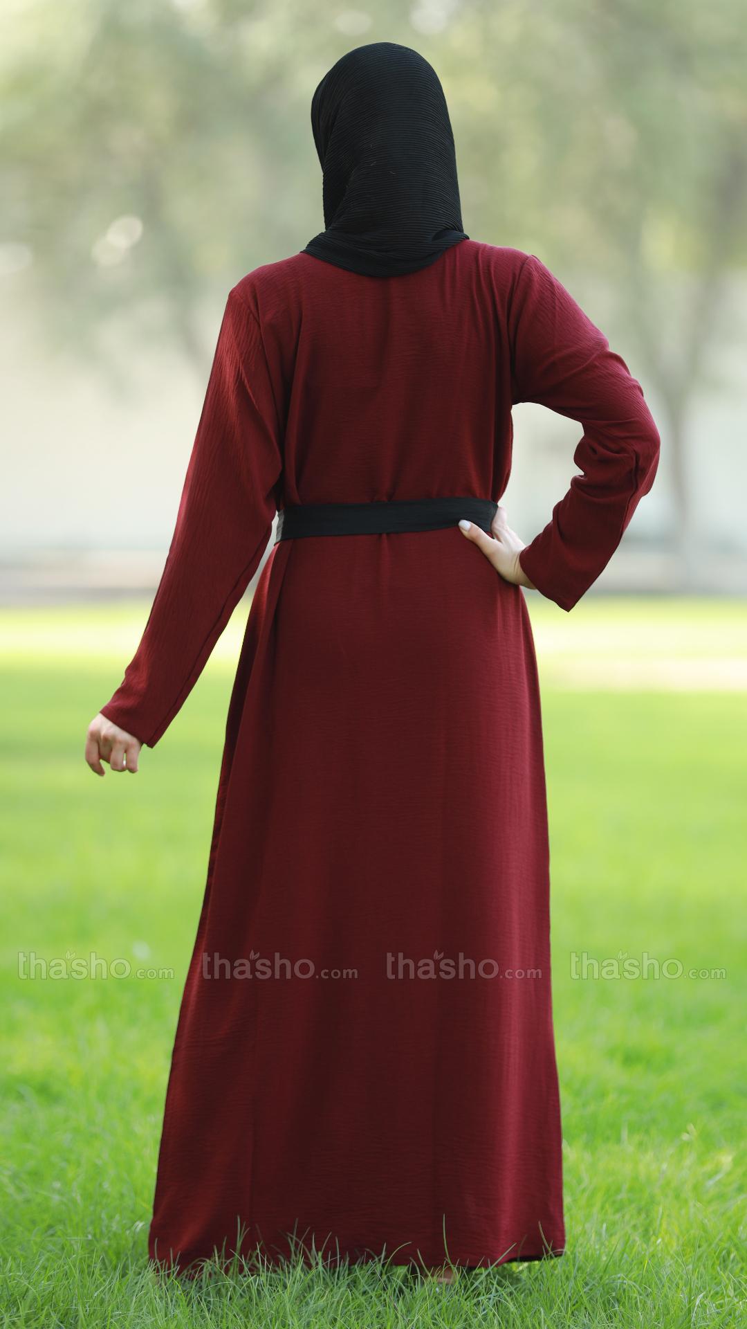 Maroon and Black Modest Dress with an Attached Shrug and a Belt