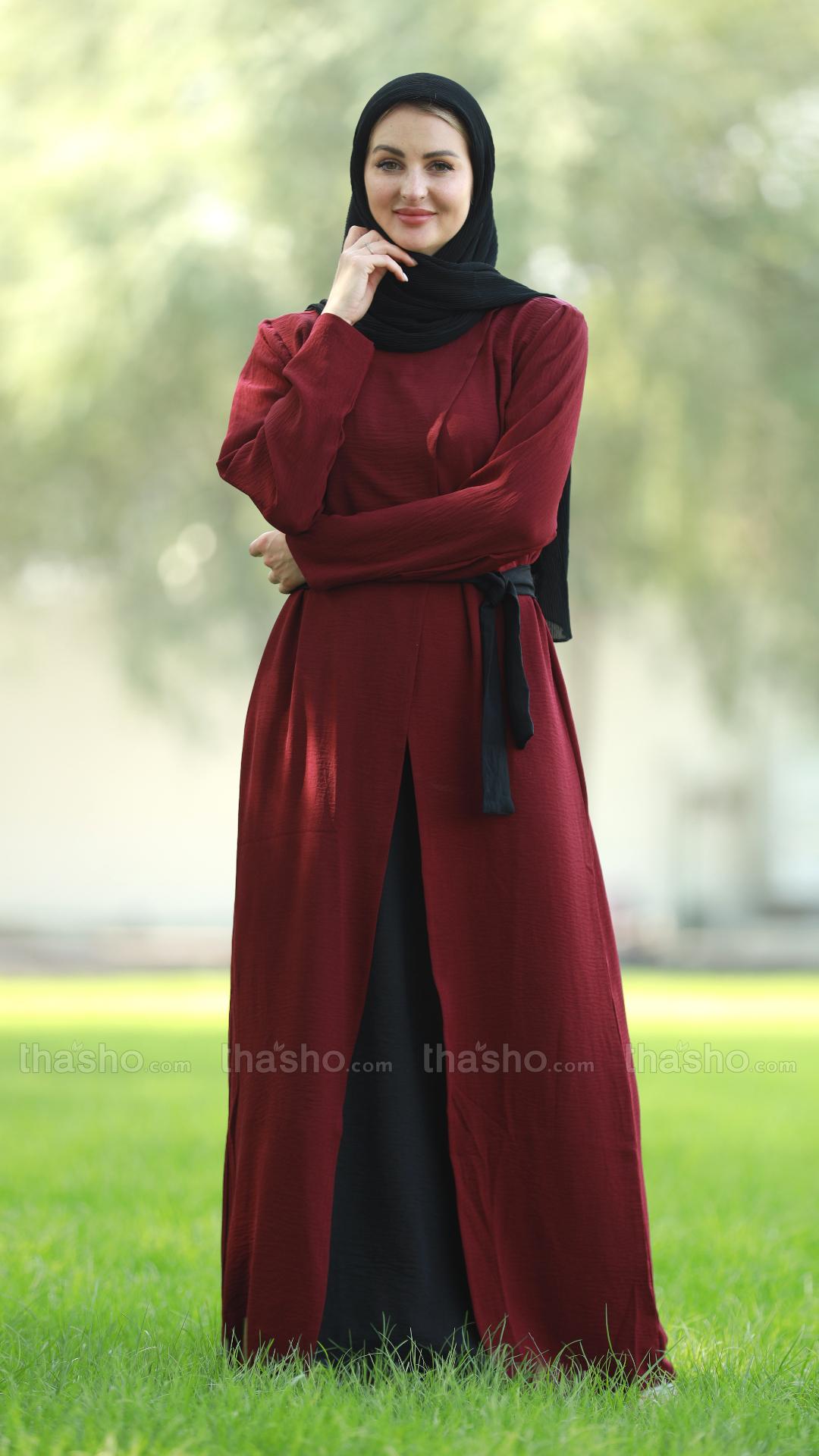 Maroon and Black Modest Dress with an Attached Shrug and a Belt