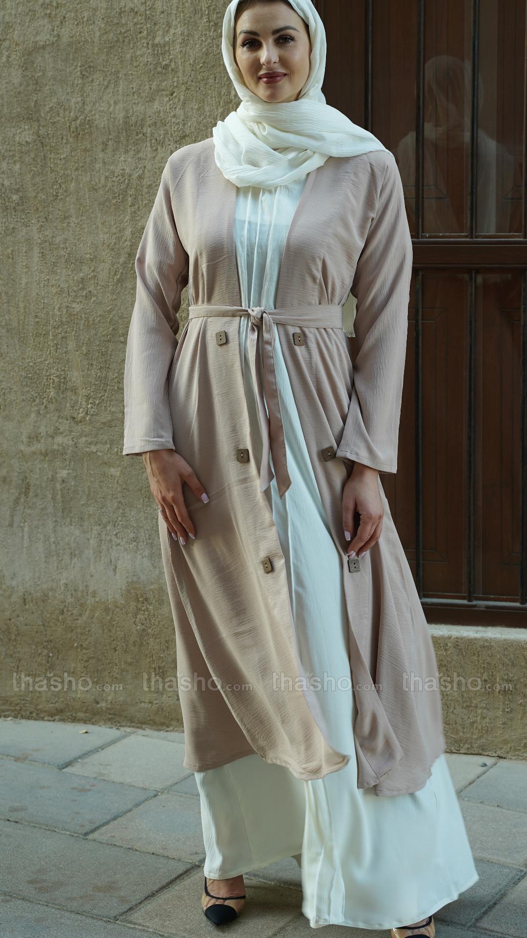 Off White and Almond Modest Dress with a Shrug Show Buttons on the Front and a Belt