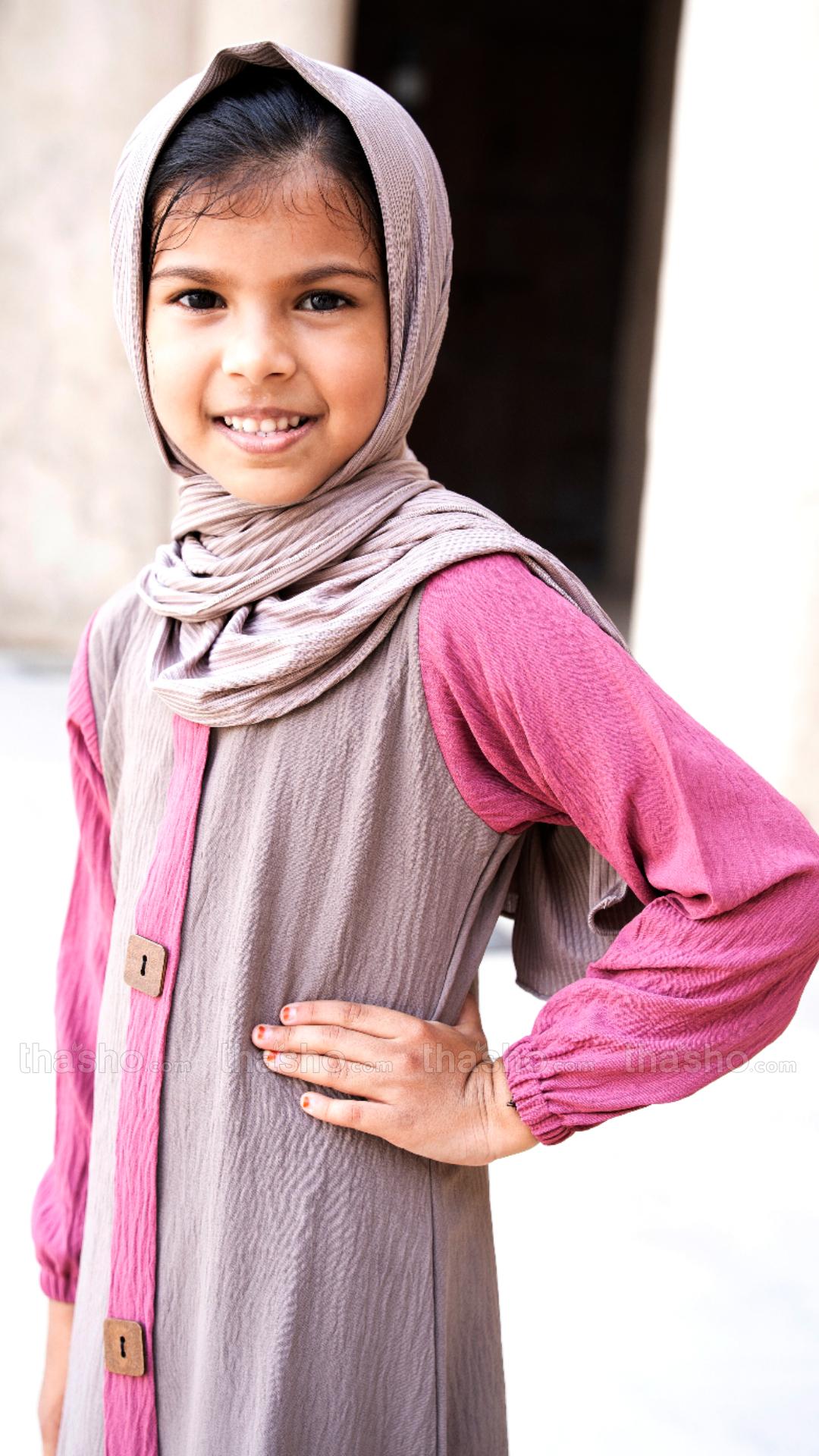 Brown and Puce Pink Kids Abaya with Show Buttons on the Front
