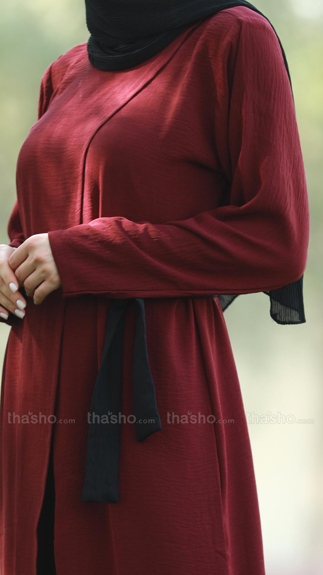 Maroon and Black Modest Dress with an Attached Shrug and a Belt