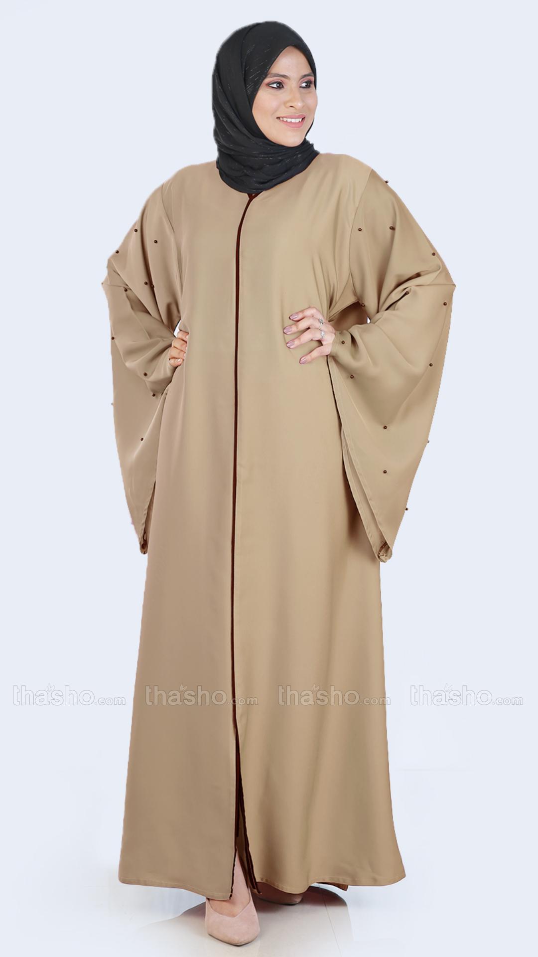 Beige Simple Abaya with Pearl Work on the Sleeves