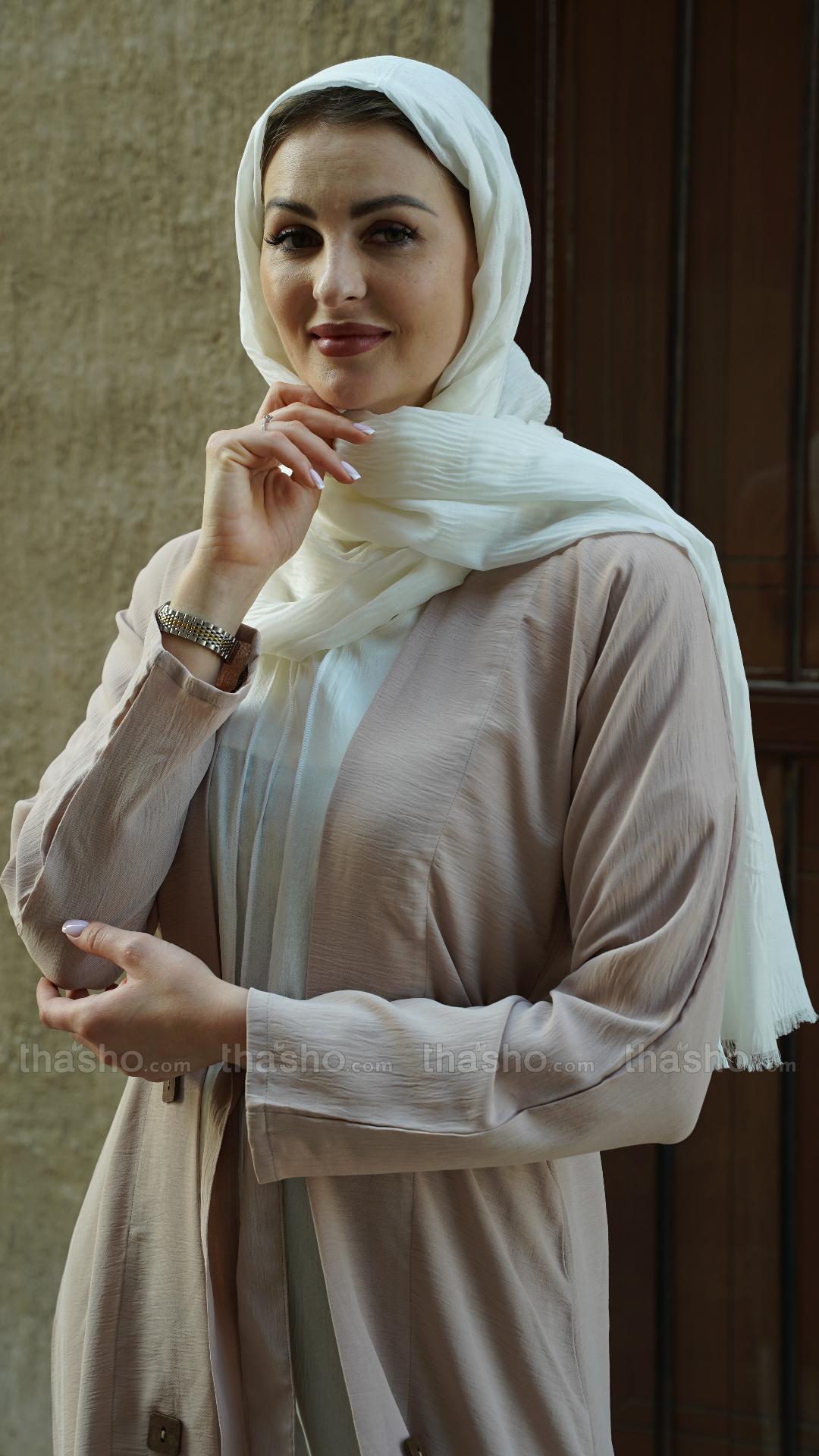 Off White and Almond Modest Dress with a Shrug Show Buttons on the Front and a Belt