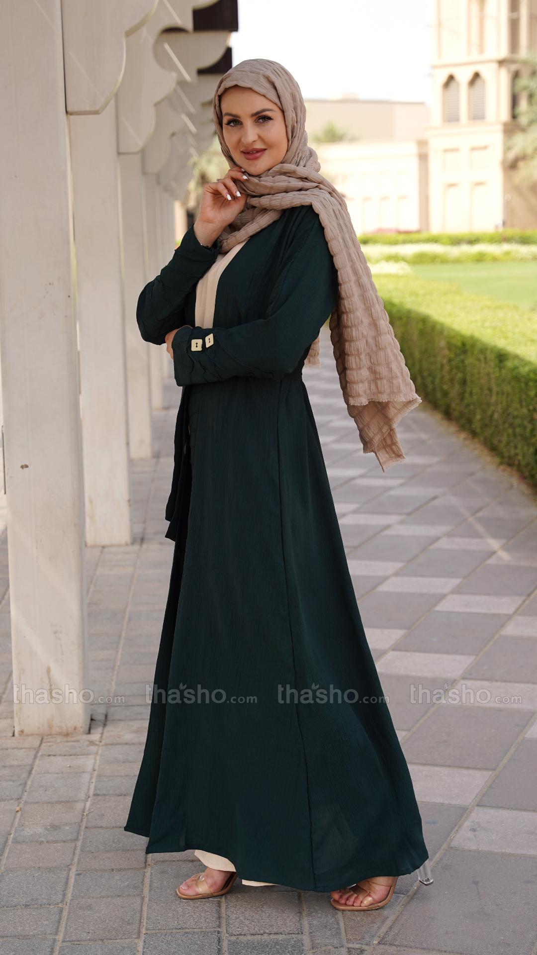 Cream and Dark Green Shrug Abaya with a Belt and Show Buttons on the Front 