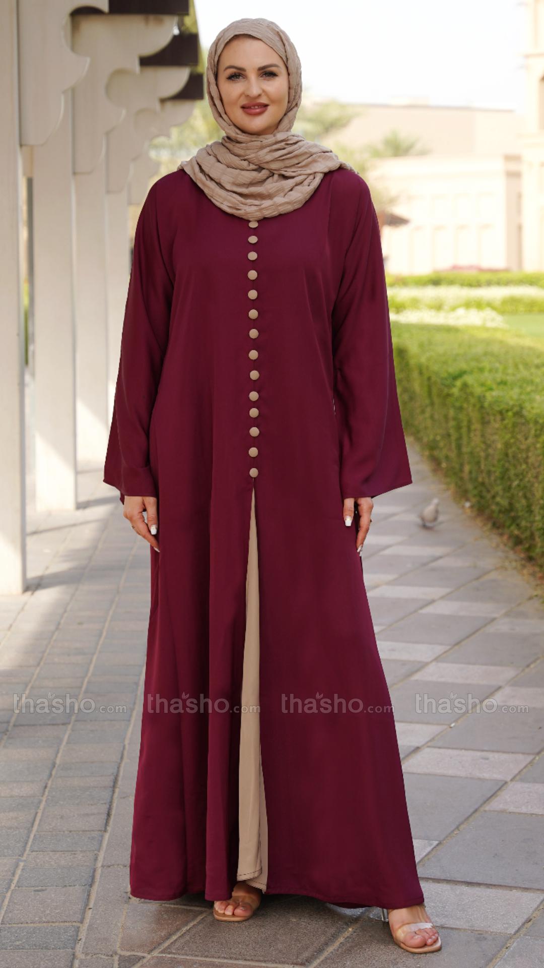 Stylish Beige and Maroon Abaya with a Slit at the Front and Show Buttons