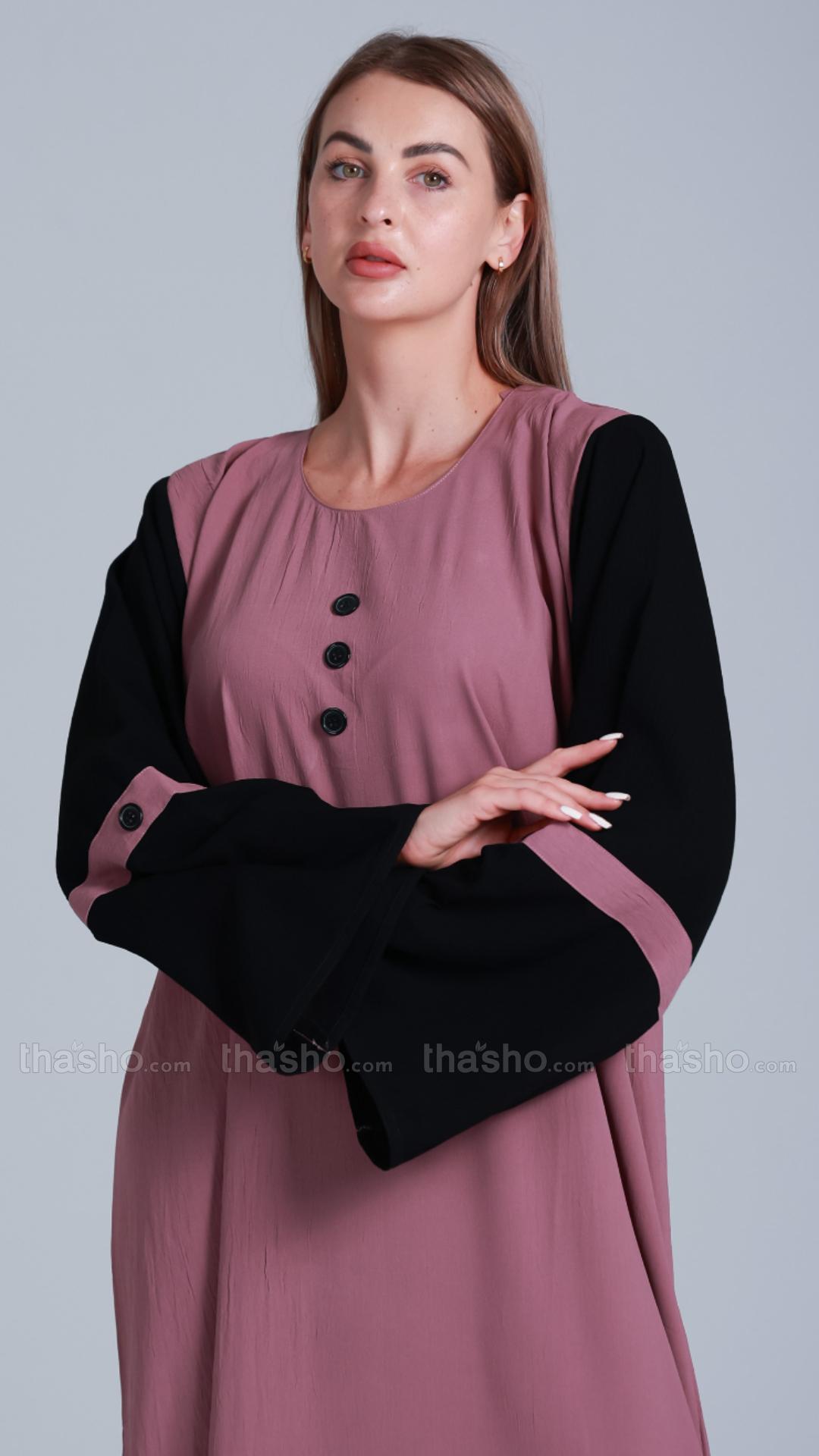 Dull Magenta Abaya with Black Show Buttons on the Front 