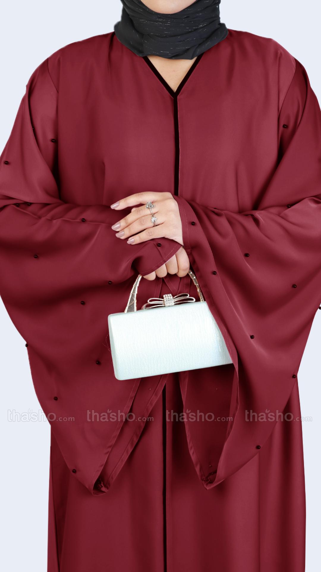 Maroon Simple Abaya with Pearl Work on the Sleeves 