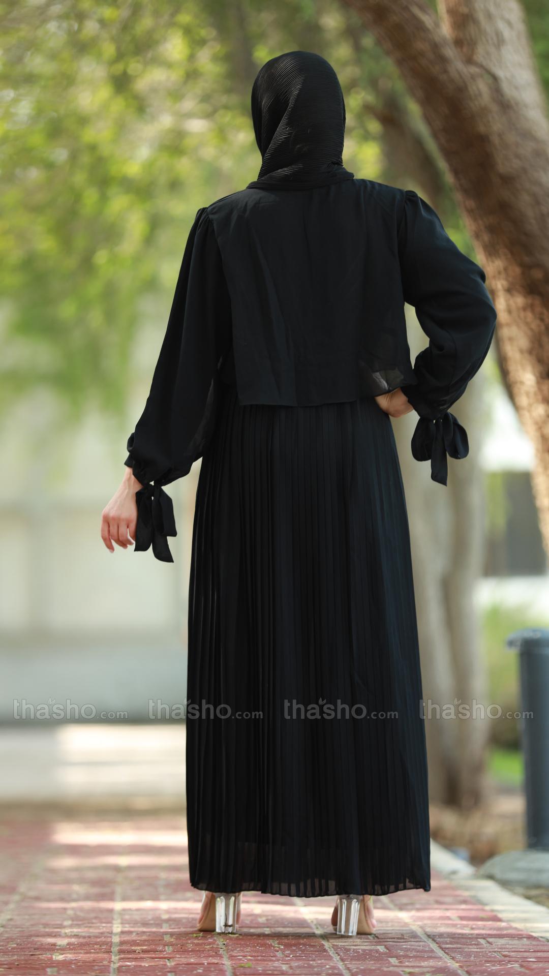 Black Pleated Modest Dress with a TieUp Neck and Sleeves 