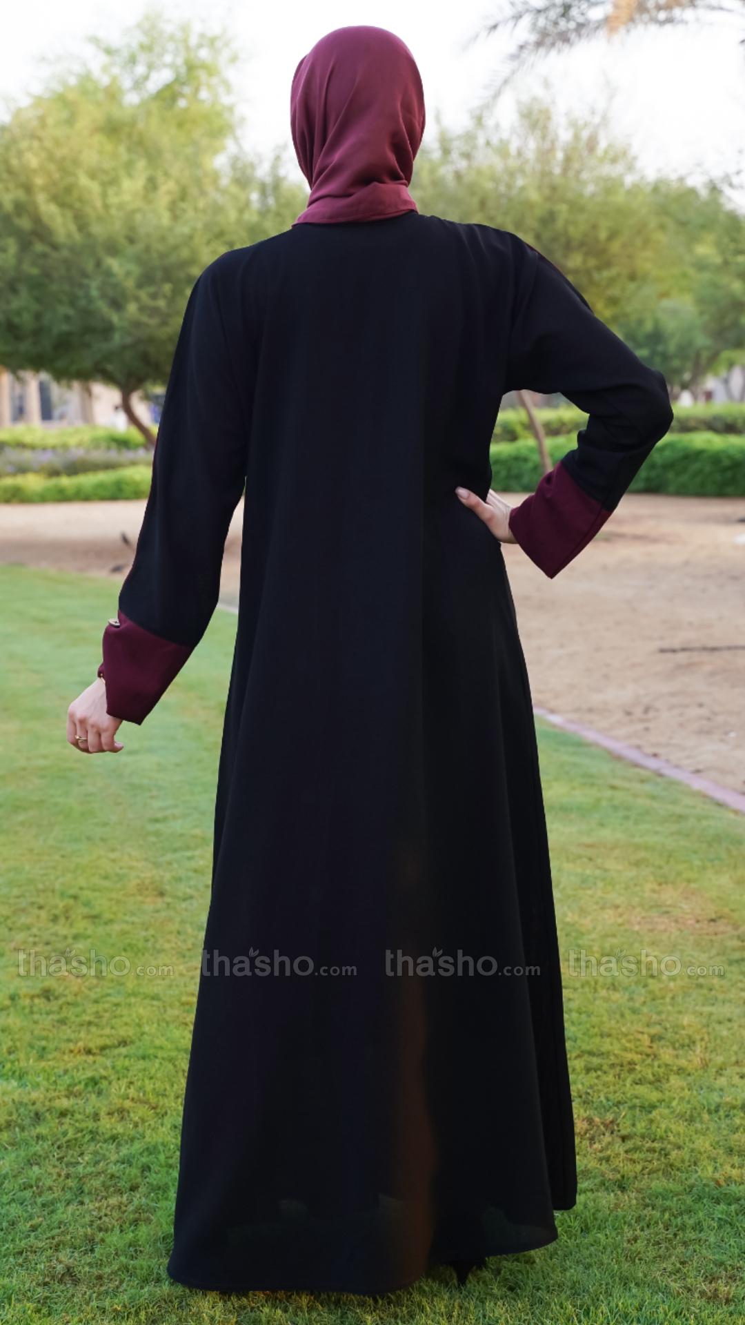 Stylish Black and Maroon Masha Crepe Abaya with Show Buttons and Piping on the Front and Sleeves
