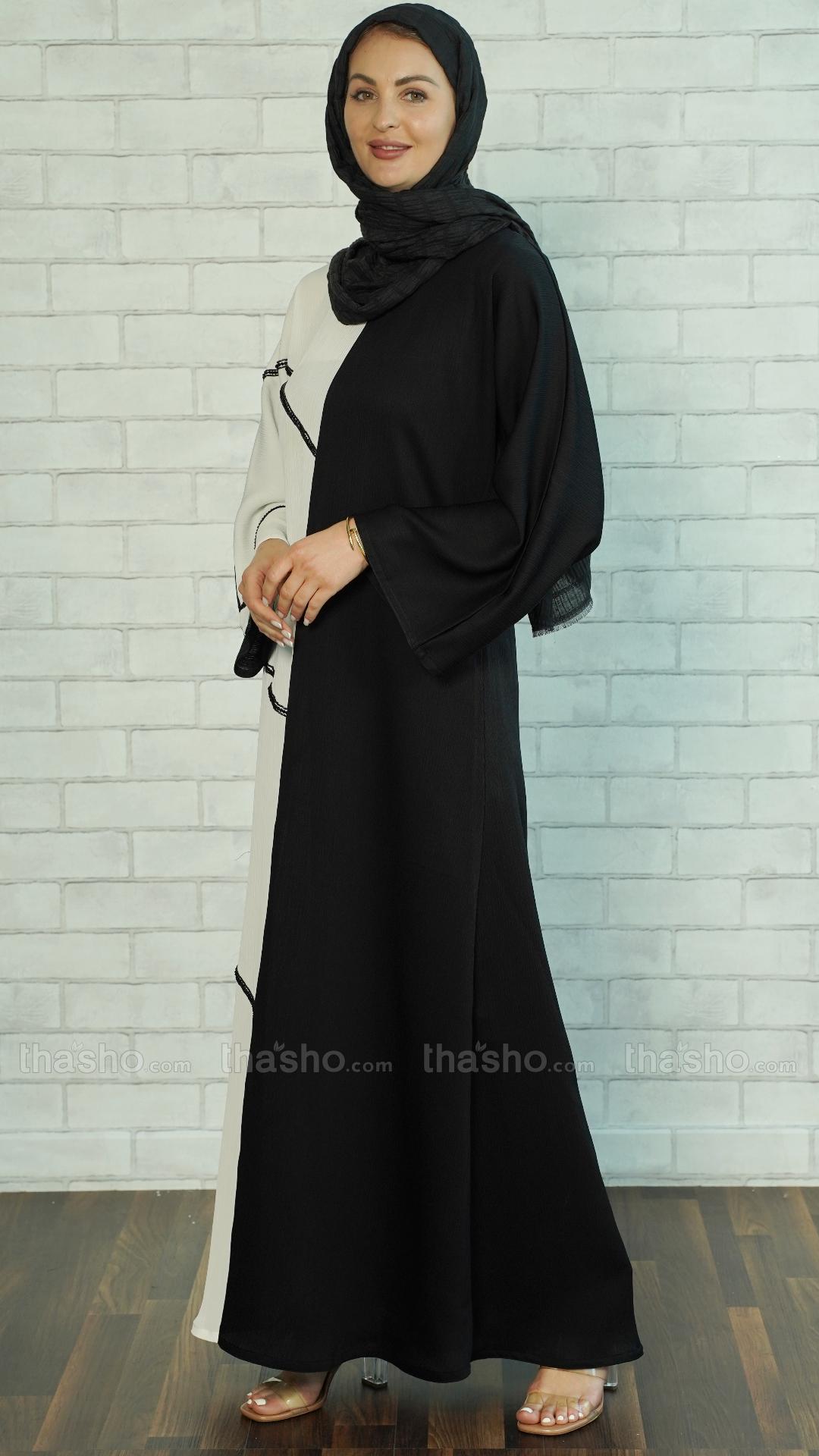 Black and White Abaya with Handwork on the Front 