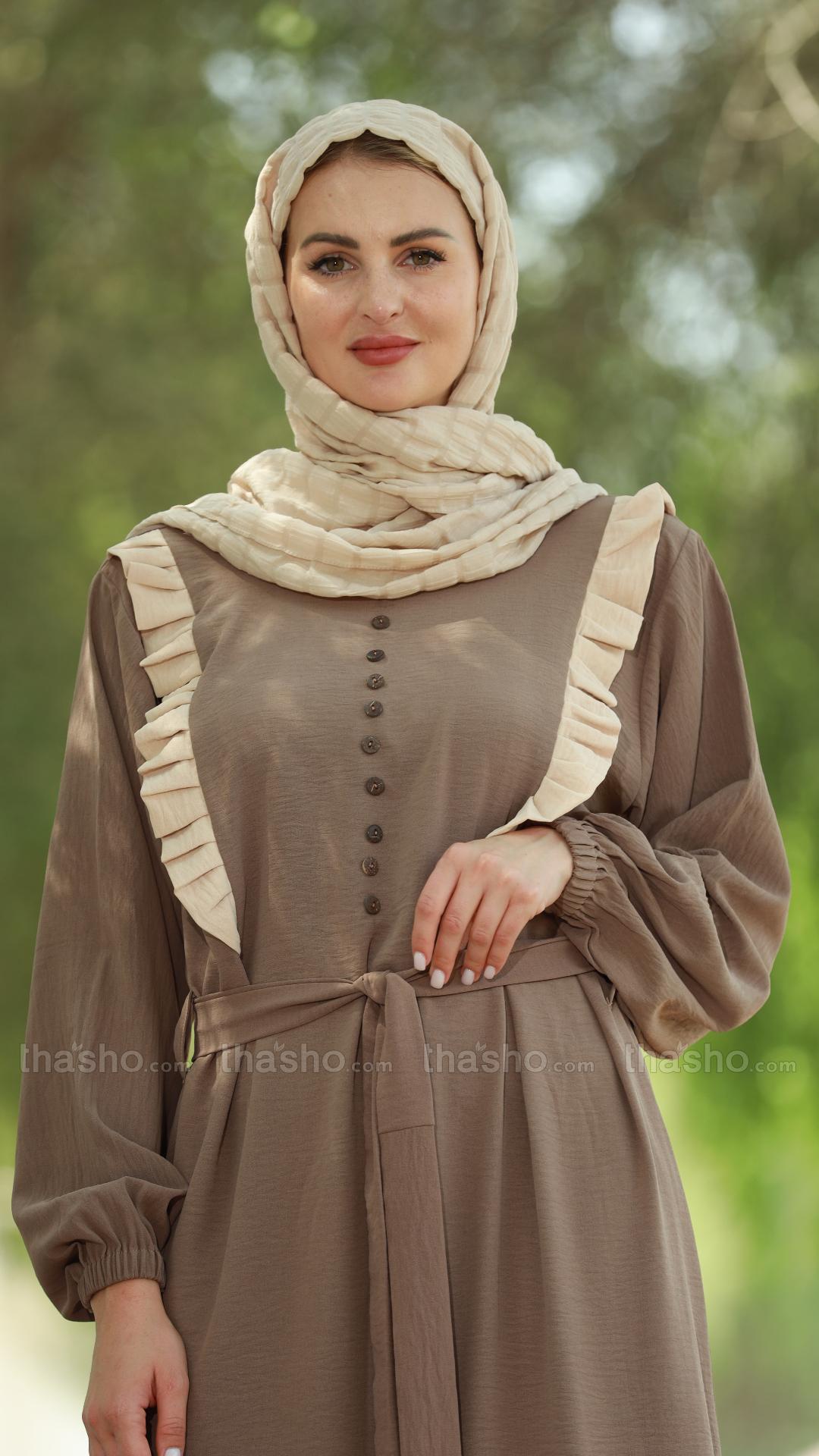 Brown Modest Dress with Frill Work Show Buttons on the Front and a Belt