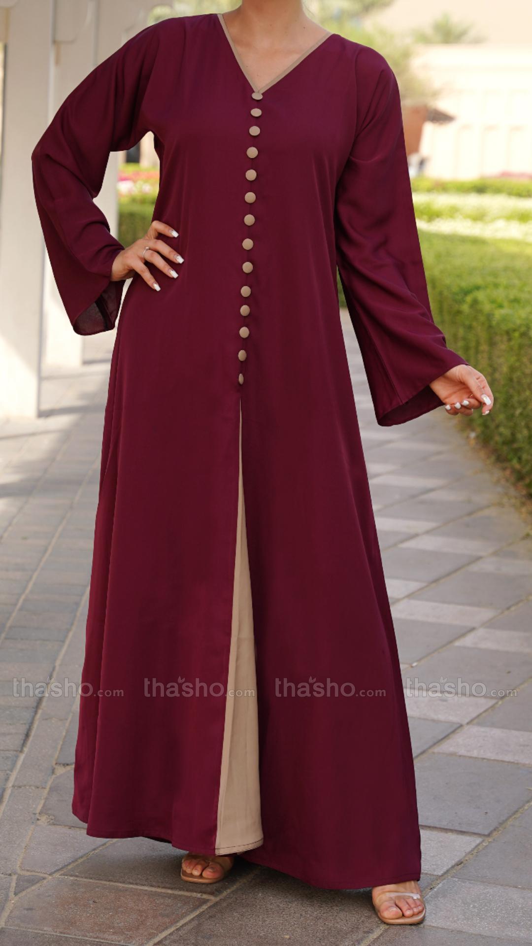 Stylish Beige and Maroon Abaya with a Slit at the Front and Show Buttons