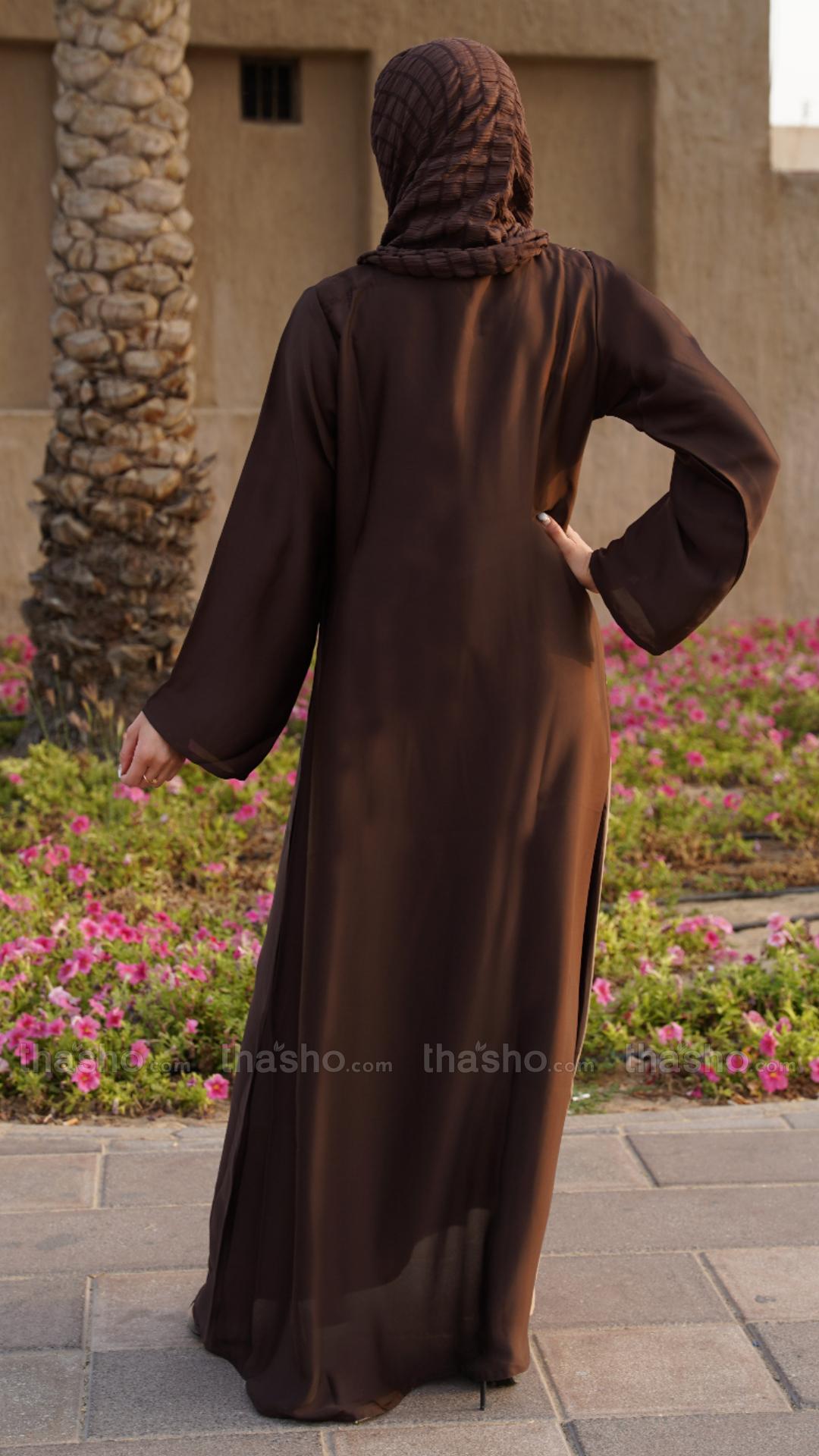 Coffee Brown and Beige Abaya with Show Buttons on the Front 
