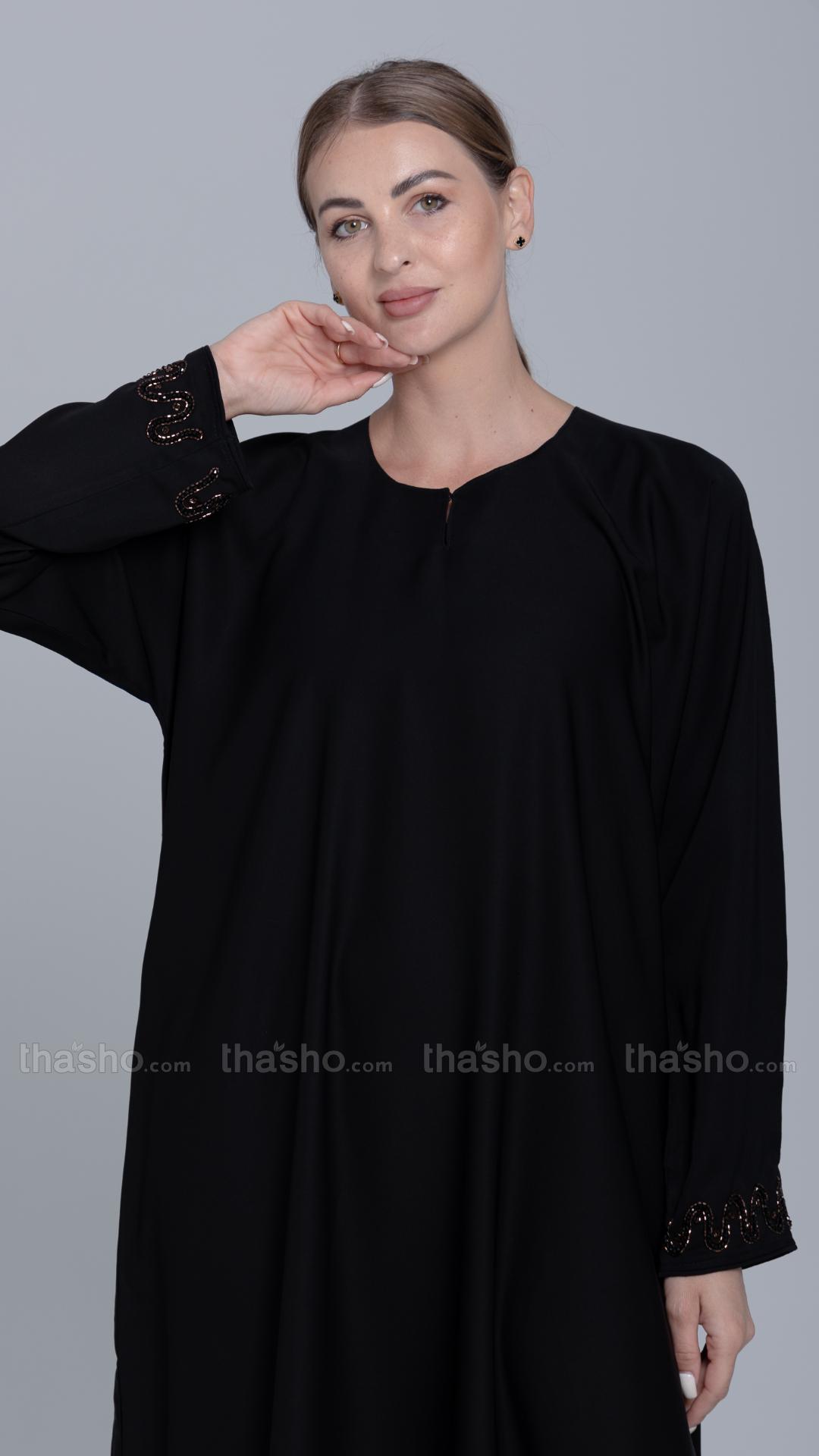 Back Nida Matte Abaya with Handwork on the Sleeves