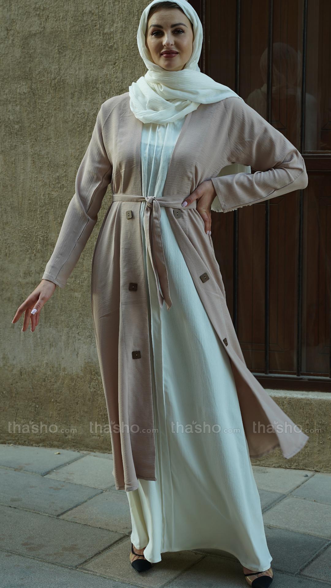 Off White and Almond Modest Dress with a Shrug Show Buttons on the Front and a Belt