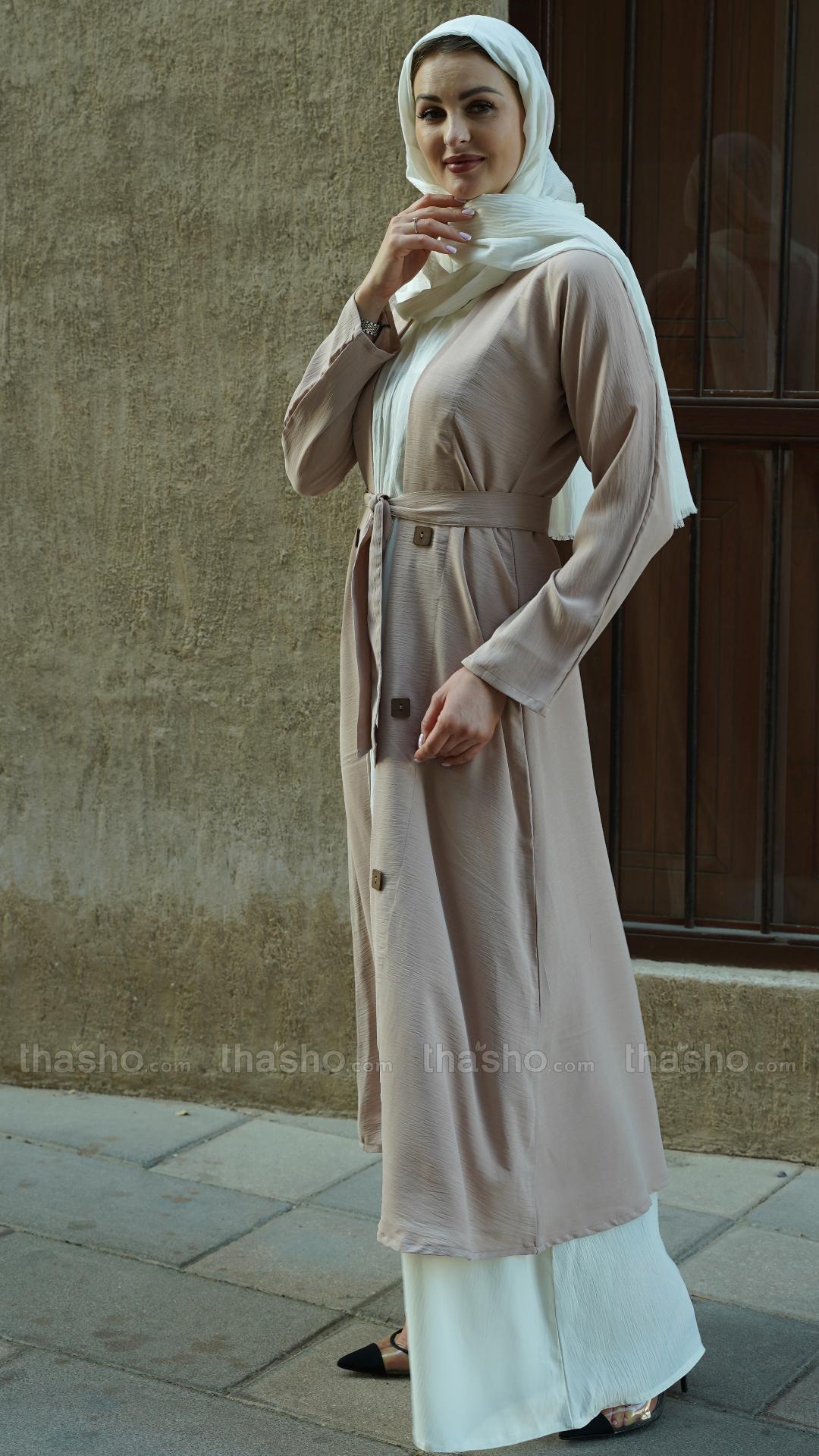 Off White and Almond Modest Dress with a Shrug Show Buttons on the Front and a Belt