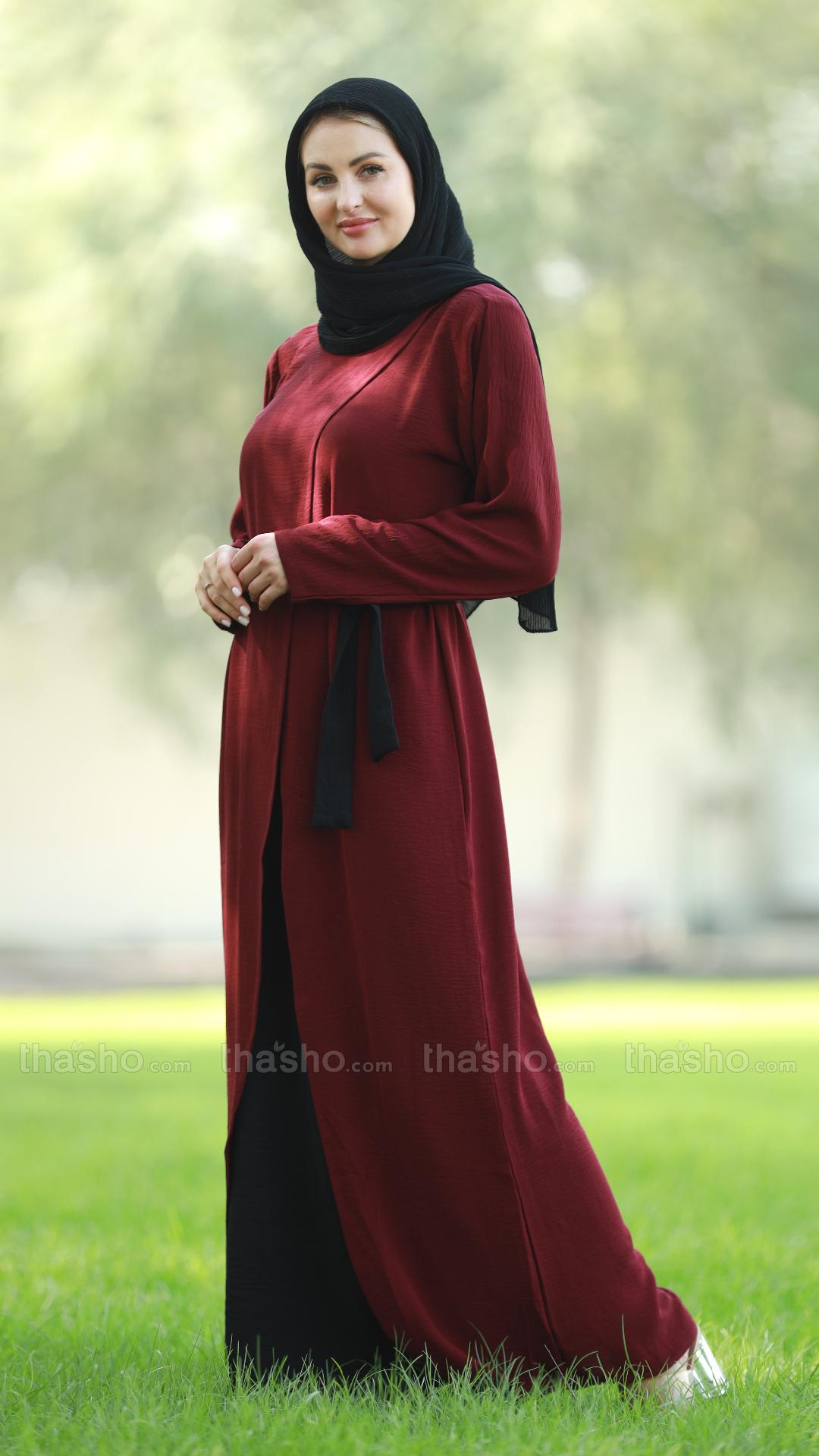 Maroon and Black Modest Dress with an Attached Shrug and a Belt