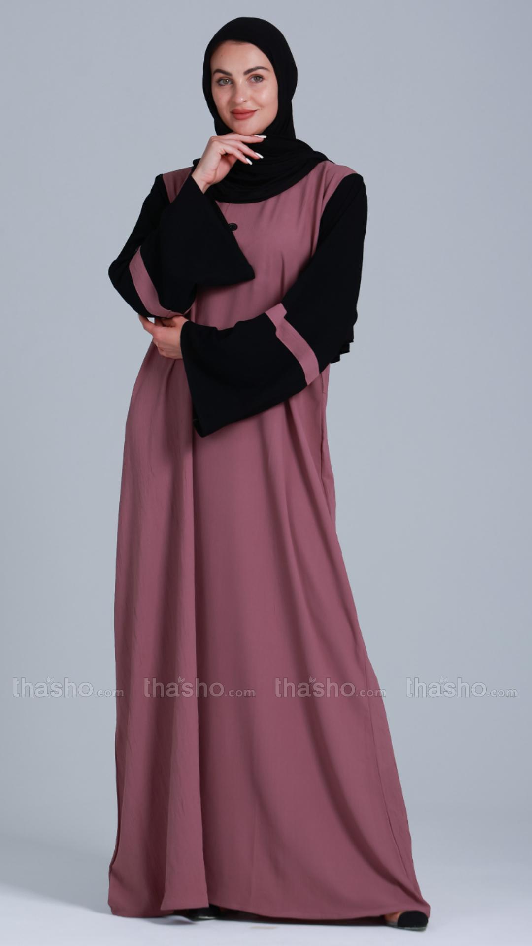 Dull Magenta Abaya with Black Show Buttons on the Front 