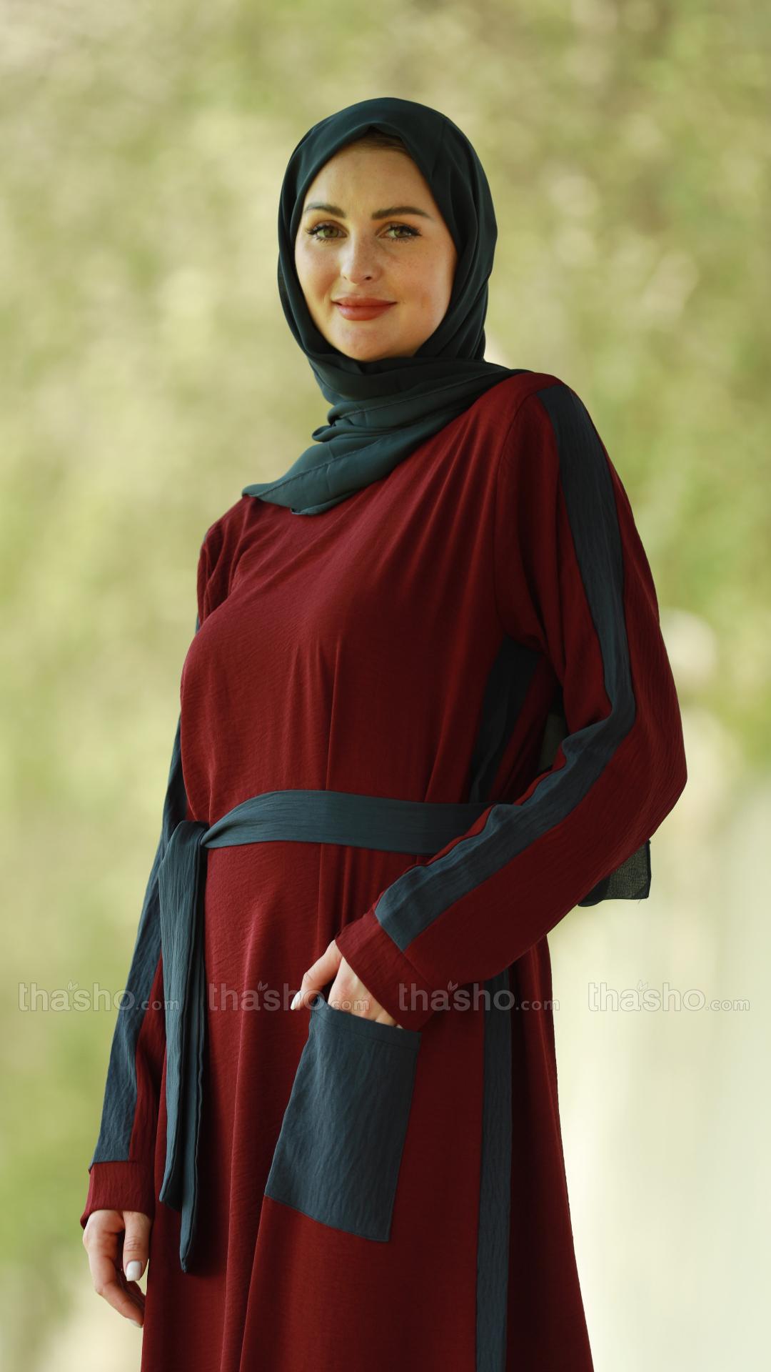Maroon and Dark Grey Modest Dress with a One Side Pocket and a Belt 