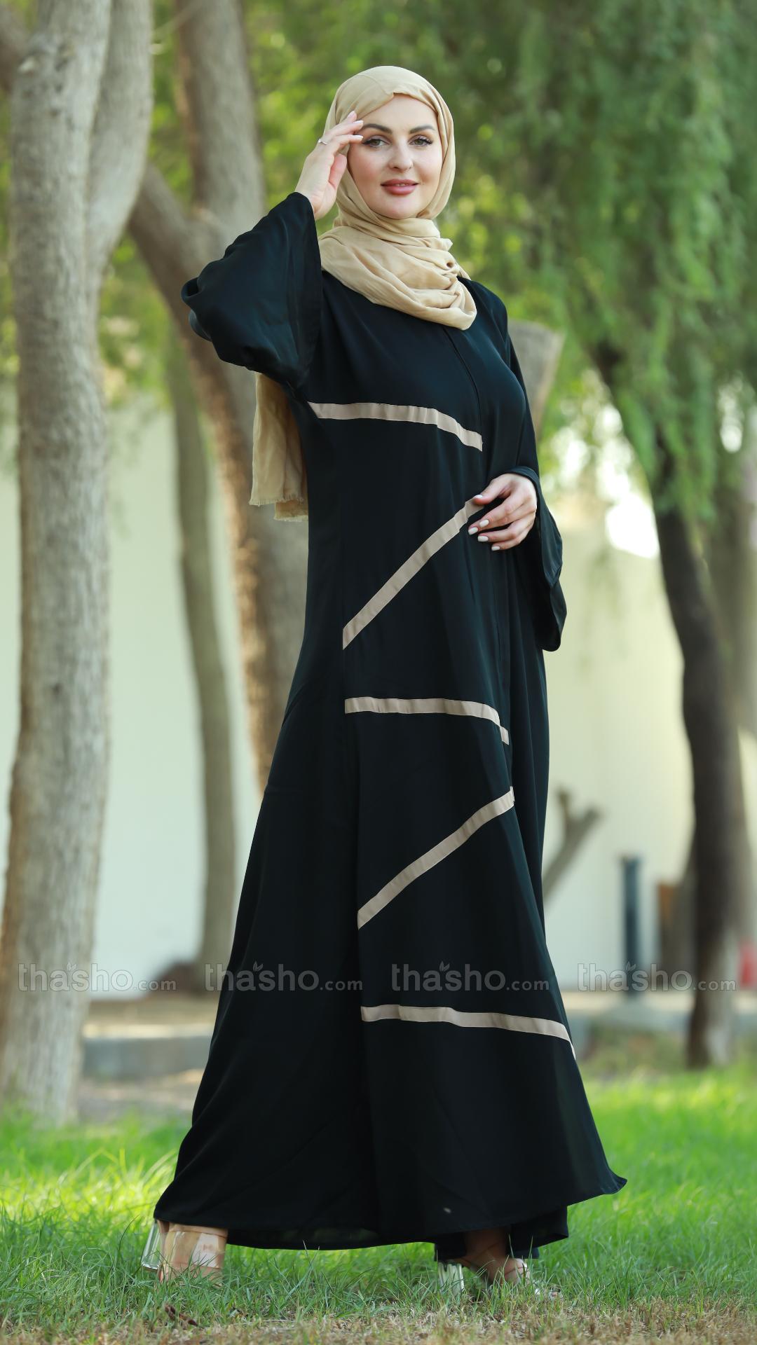 Black Nida Matte Abaya with Beige Band Work