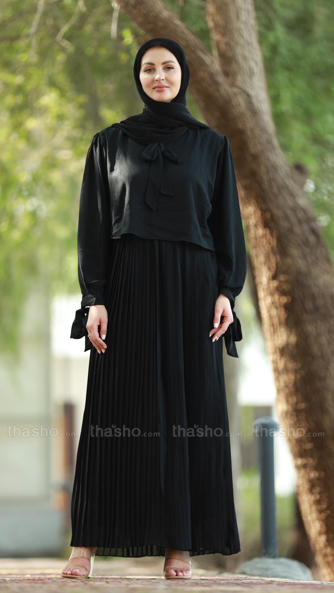 Black Pleated Modest Dress with a TieUp Neck and Sleeves 