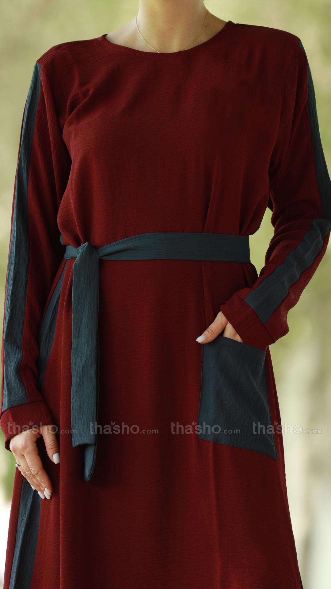 Maroon and Dark Grey Modest Dress with a One Side Pocket and a Belt 