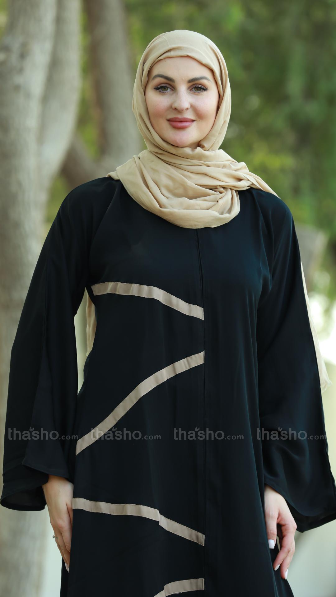 Black Nida Matte Abaya with Beige Band Work