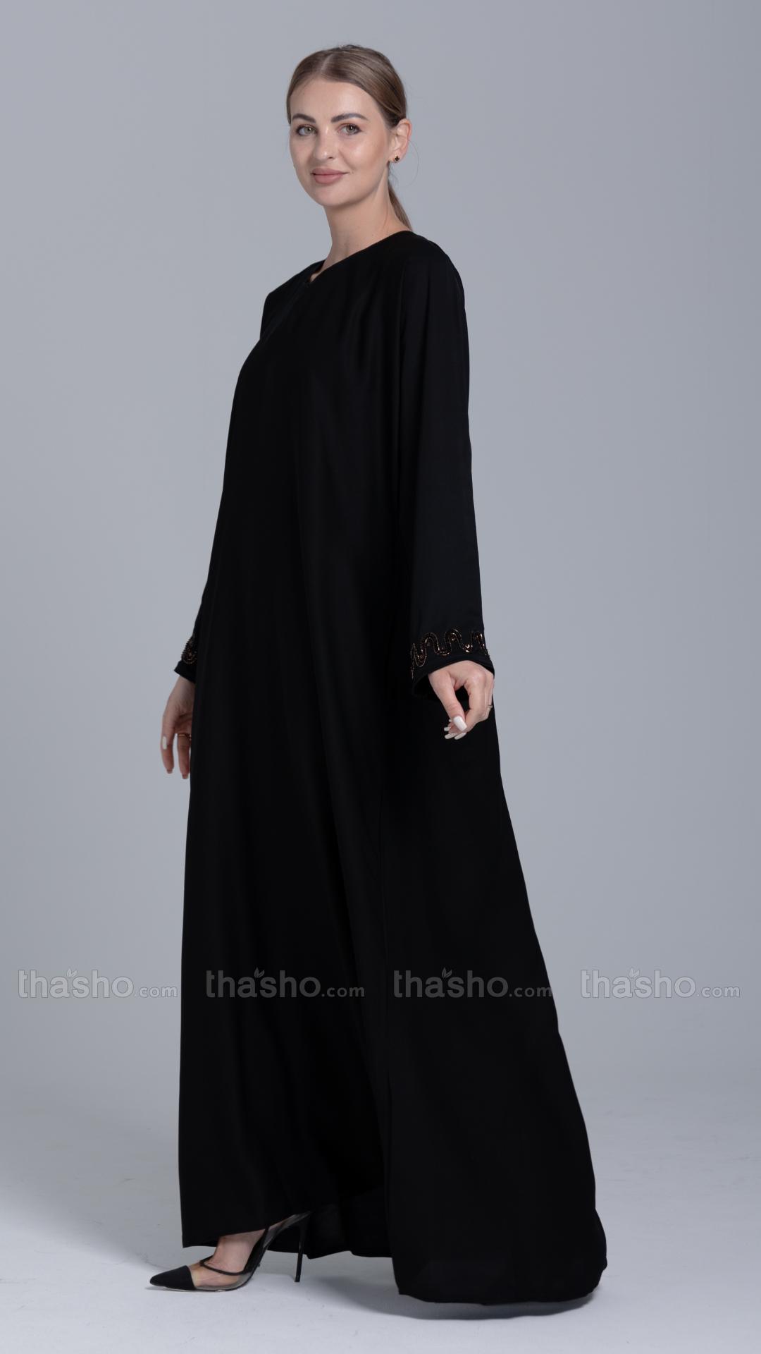 Back Nida Matte Abaya with Handwork on the Sleeves