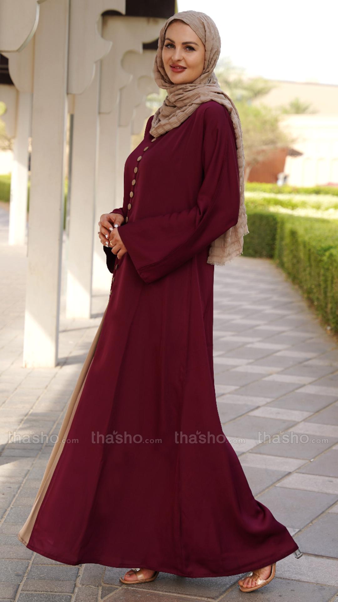 Stylish Beige and Maroon Abaya with a Slit at the Front and Show Buttons