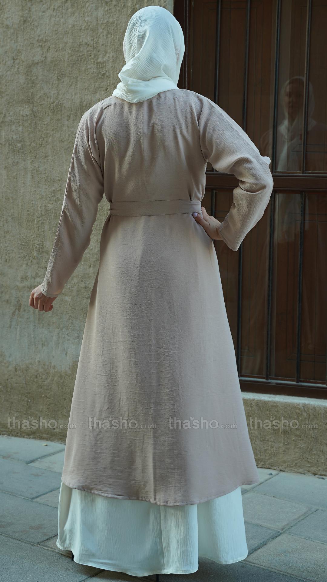 Off White and Almond Modest Dress with a Shrug Show Buttons on the Front and a Belt