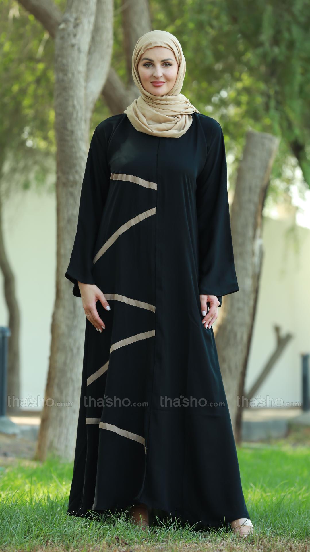 Black Nida Matte Abaya with Beige Band Work